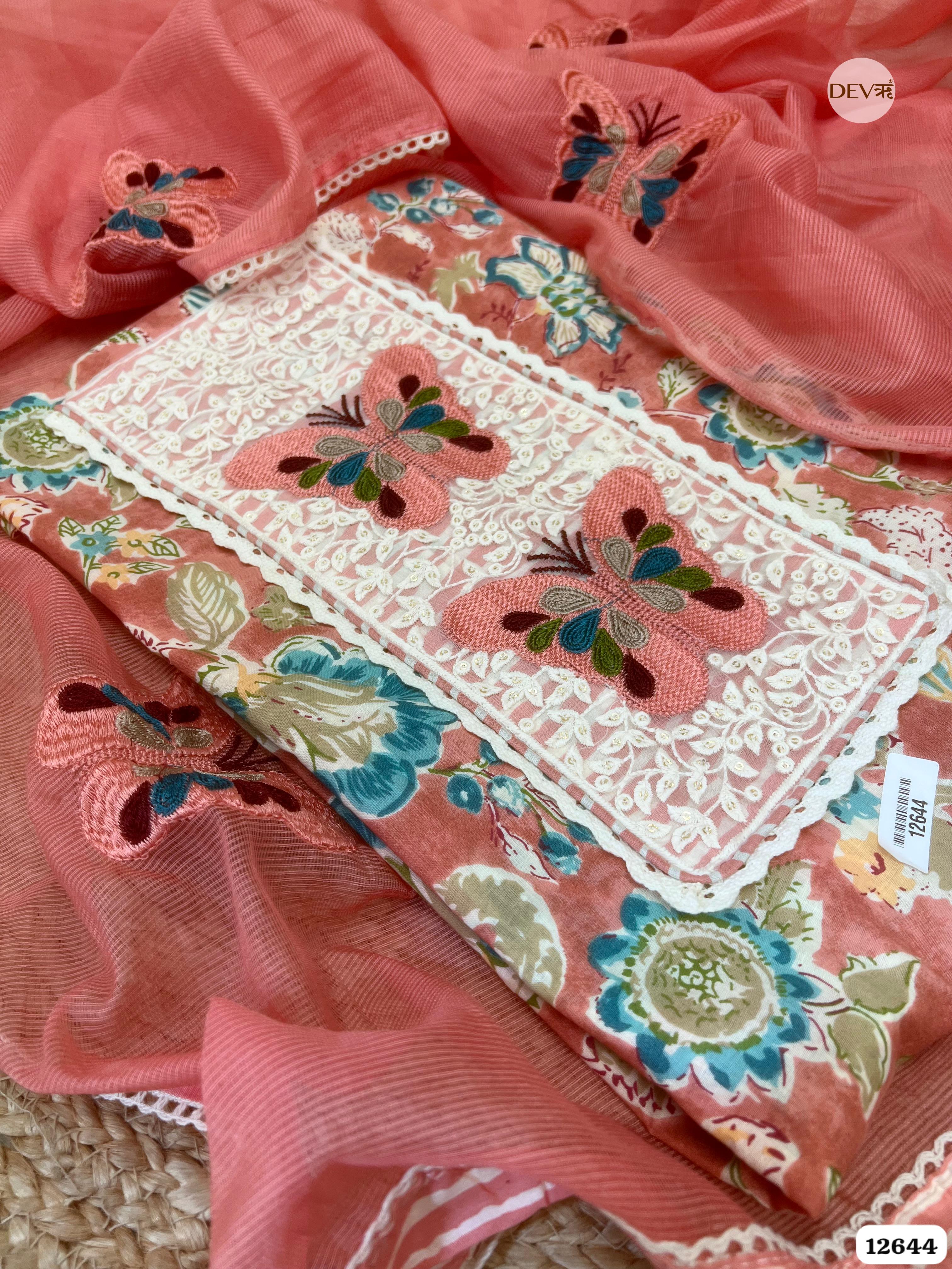 Peach Cotton Floral Embroidered Unstitched 3-Piece Suit (Devri – D.No 12644)