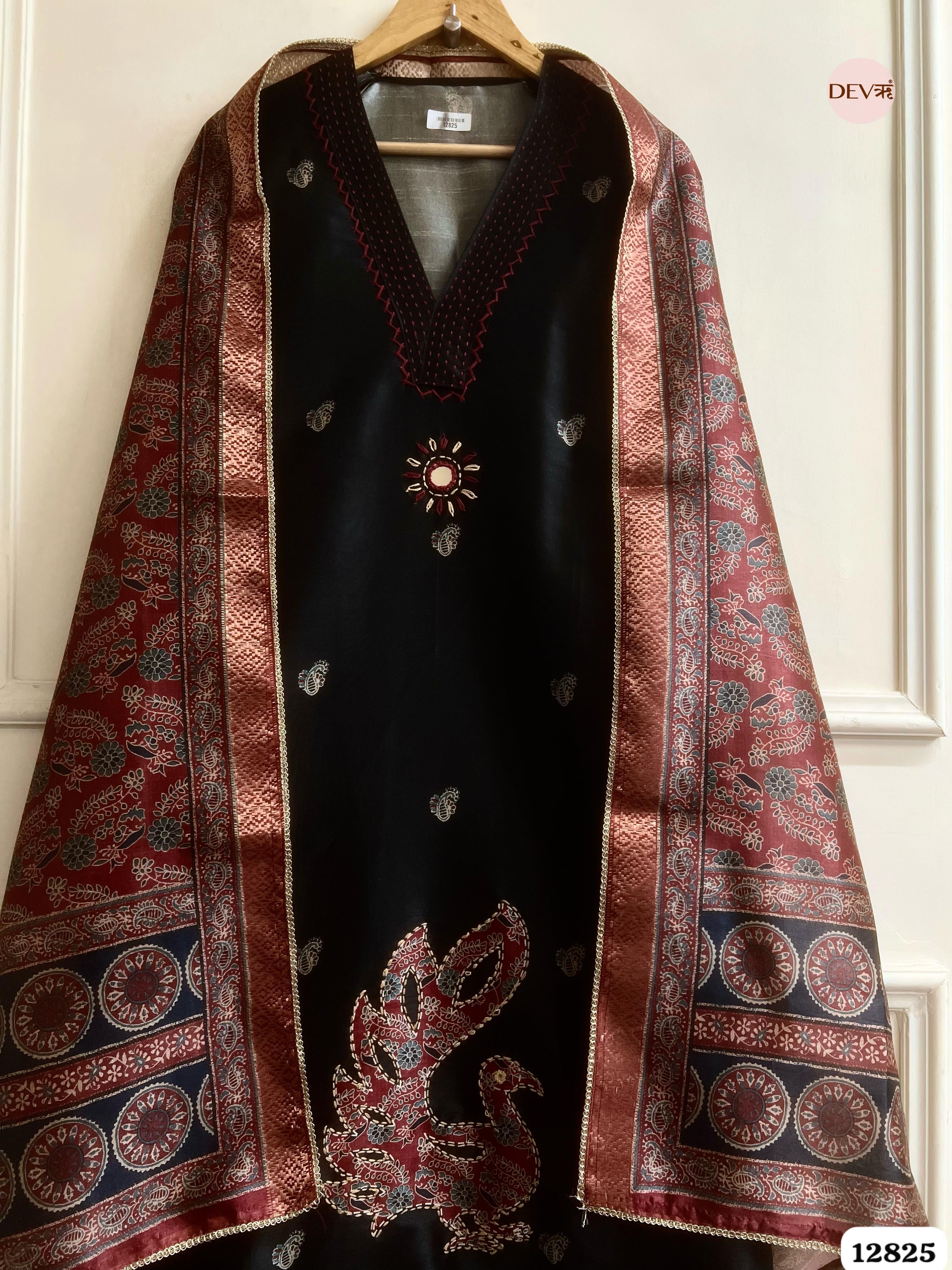 Black chanderi silk printed Unstitched 3-Piece Suit (Devri – D.No12825)