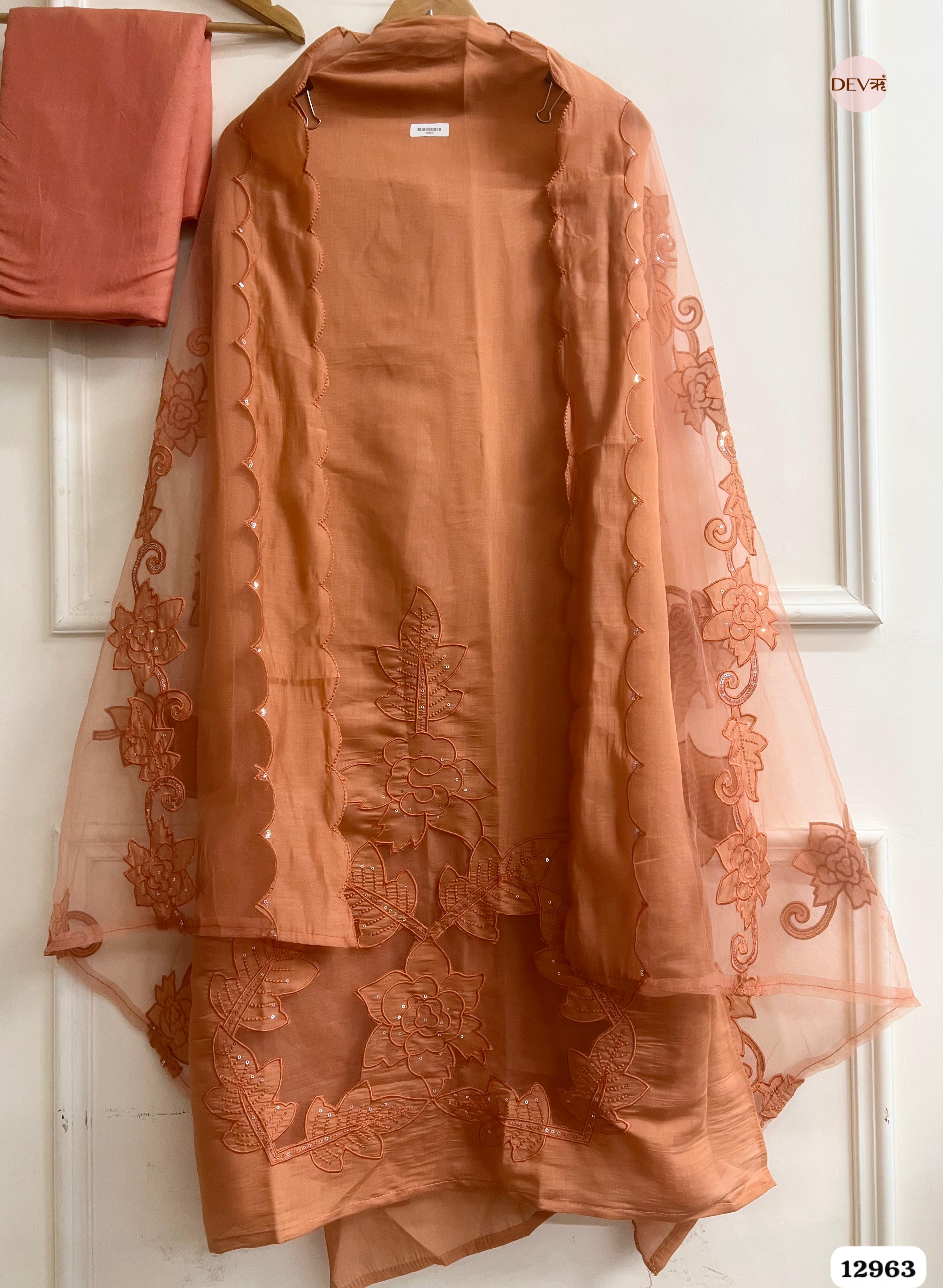 Peach Roman Silk Embroidered Unstitched 3-Piece Suit (Devri – D.No 12963)