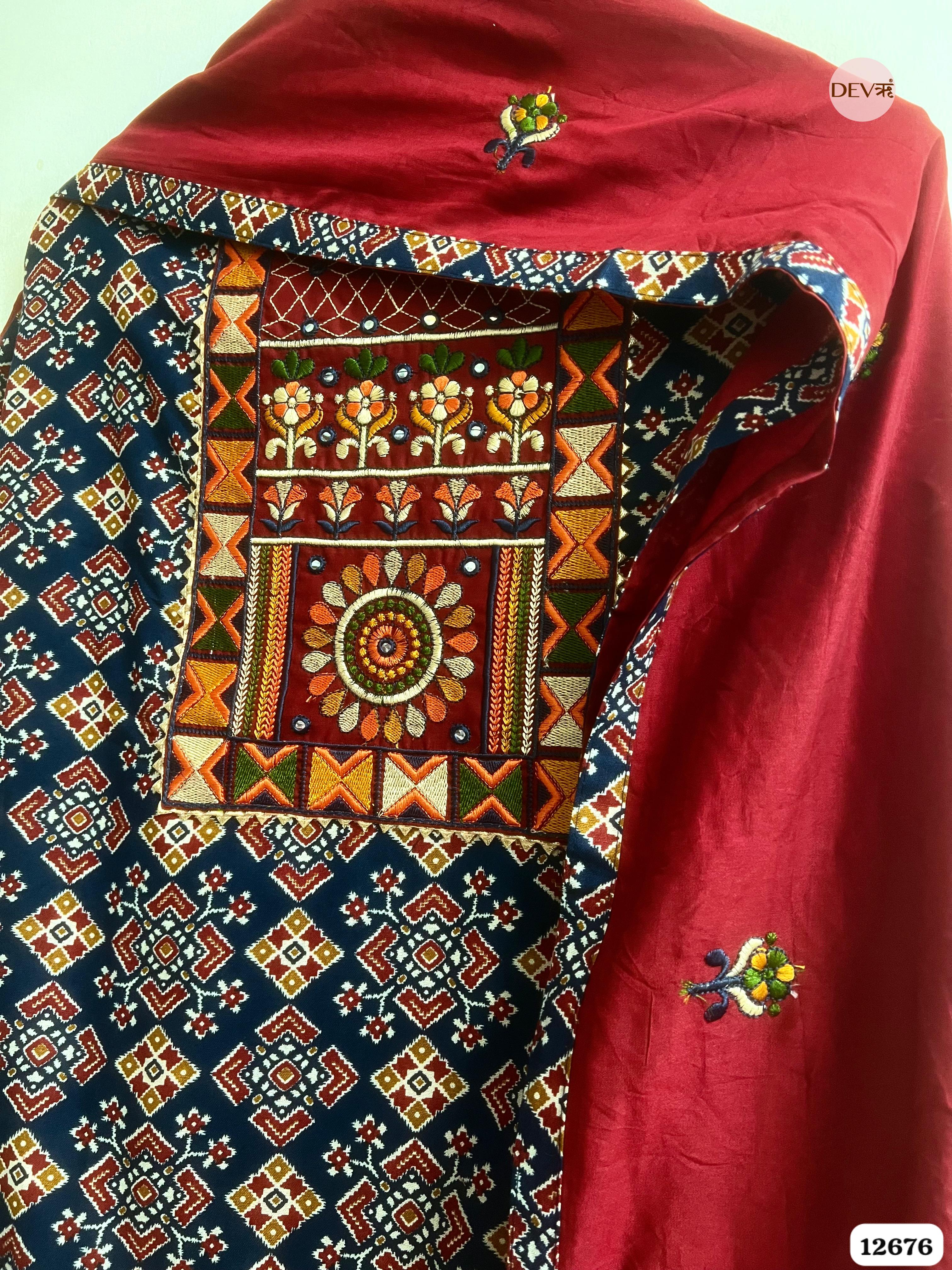 Navy and Maroon Modal Silk Printed Unstitched 3-Piece Suit (Devri – D.No 12676)