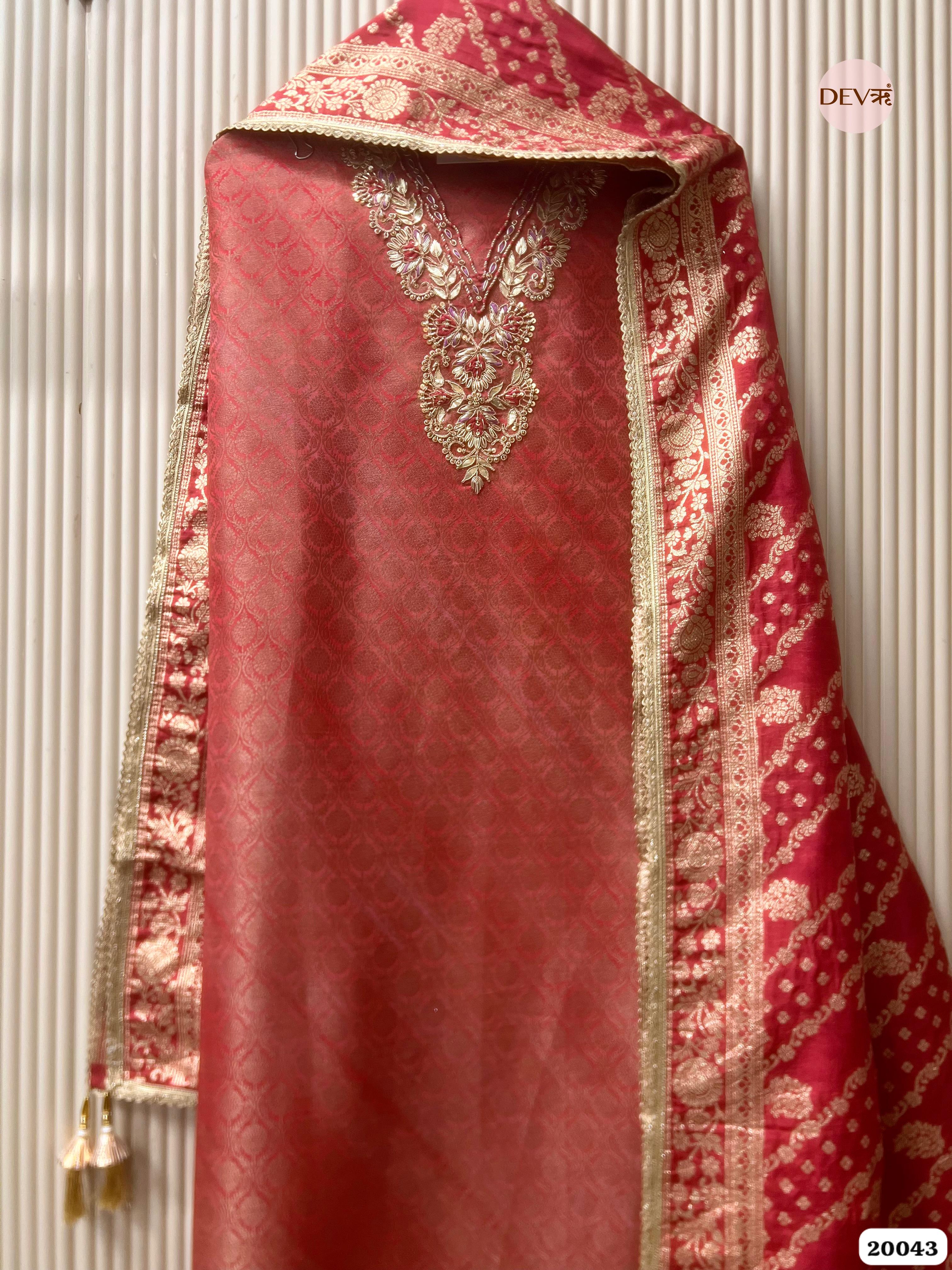 Crimson Banarasi Tissue Embroidered Unstitched 3-Piece Suit (Devri – D.No 20043)