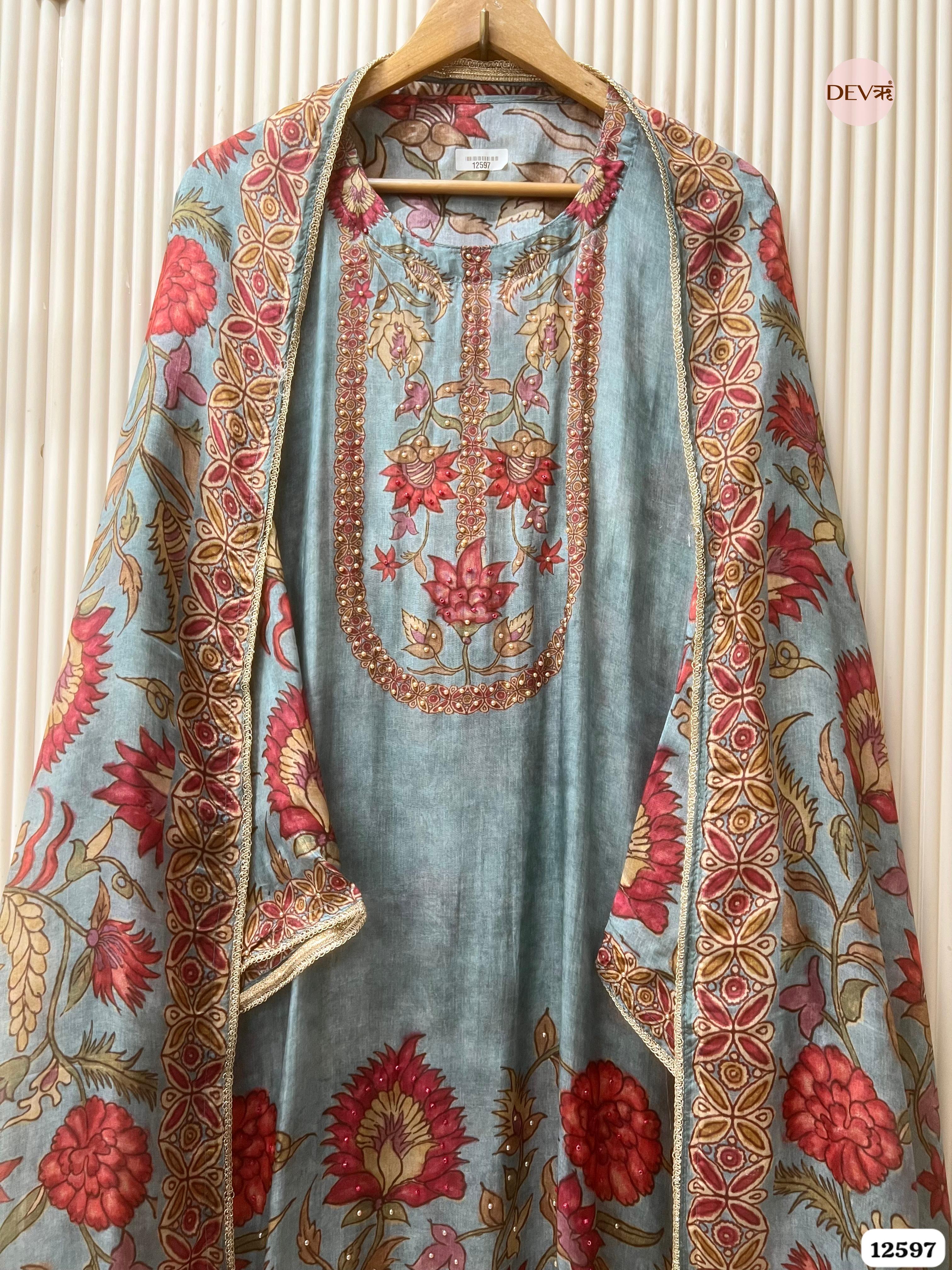 Teal Blue Muslin Floral Printed Unstitched 3-Piece Suit (Devri – D.No 12597)