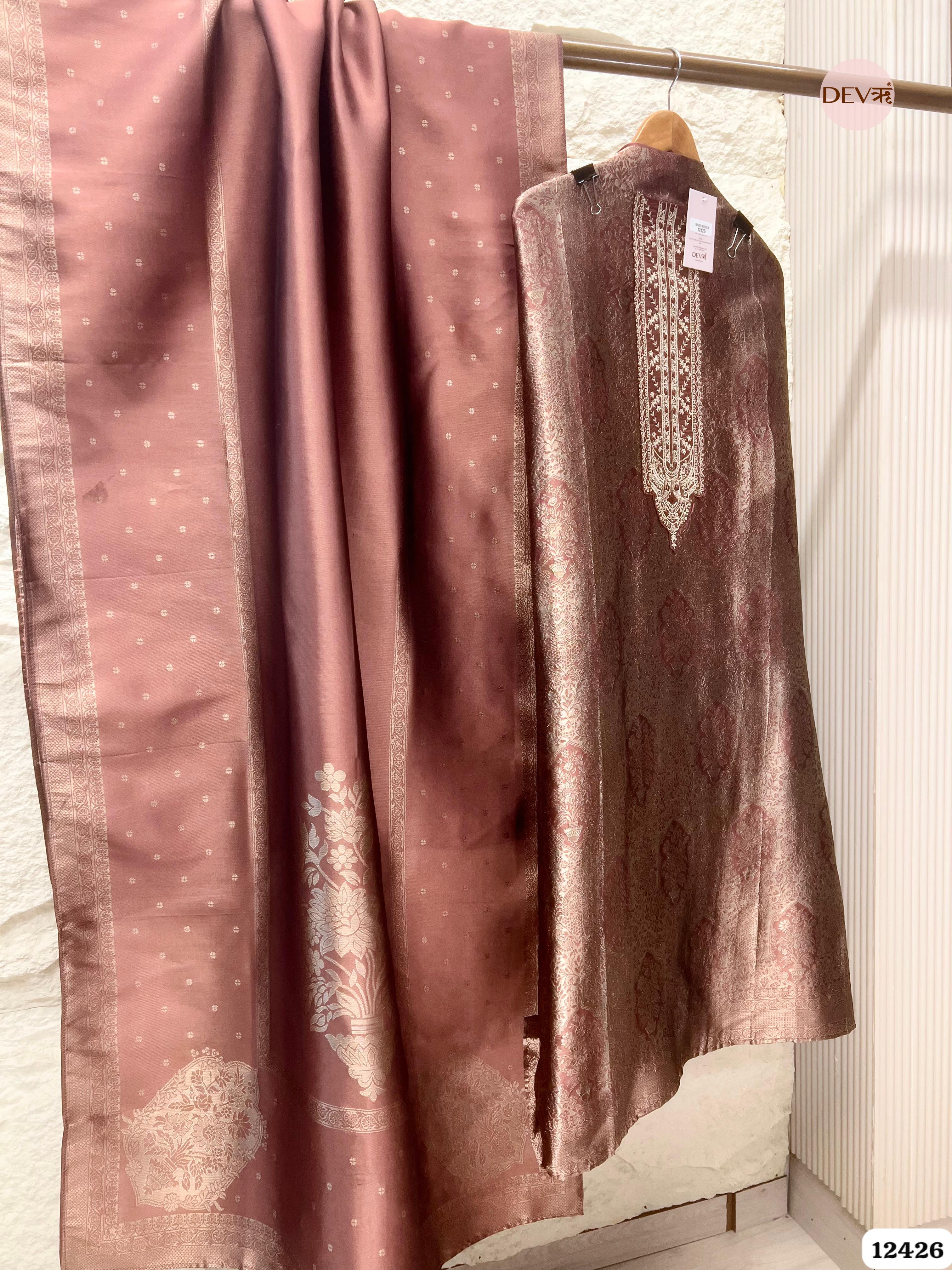 Dusty Rose Banarasi Silk Printed Unstitched 3-Piece Suit (Devri – D.No. 12426)