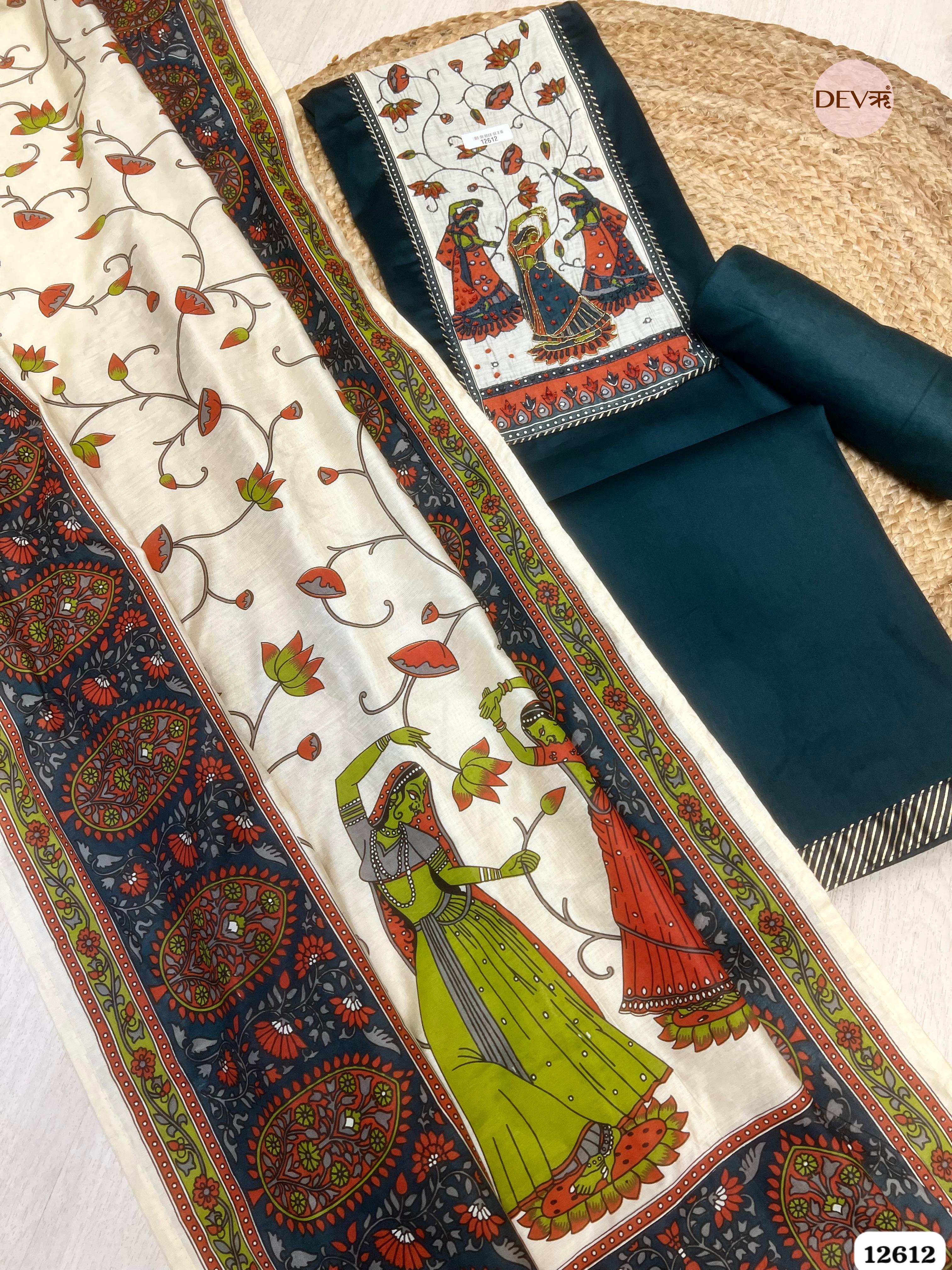 deep teal Glace Cotton Embroidered Unstitched 3-Piece Suit (Devri – D.No 12612)