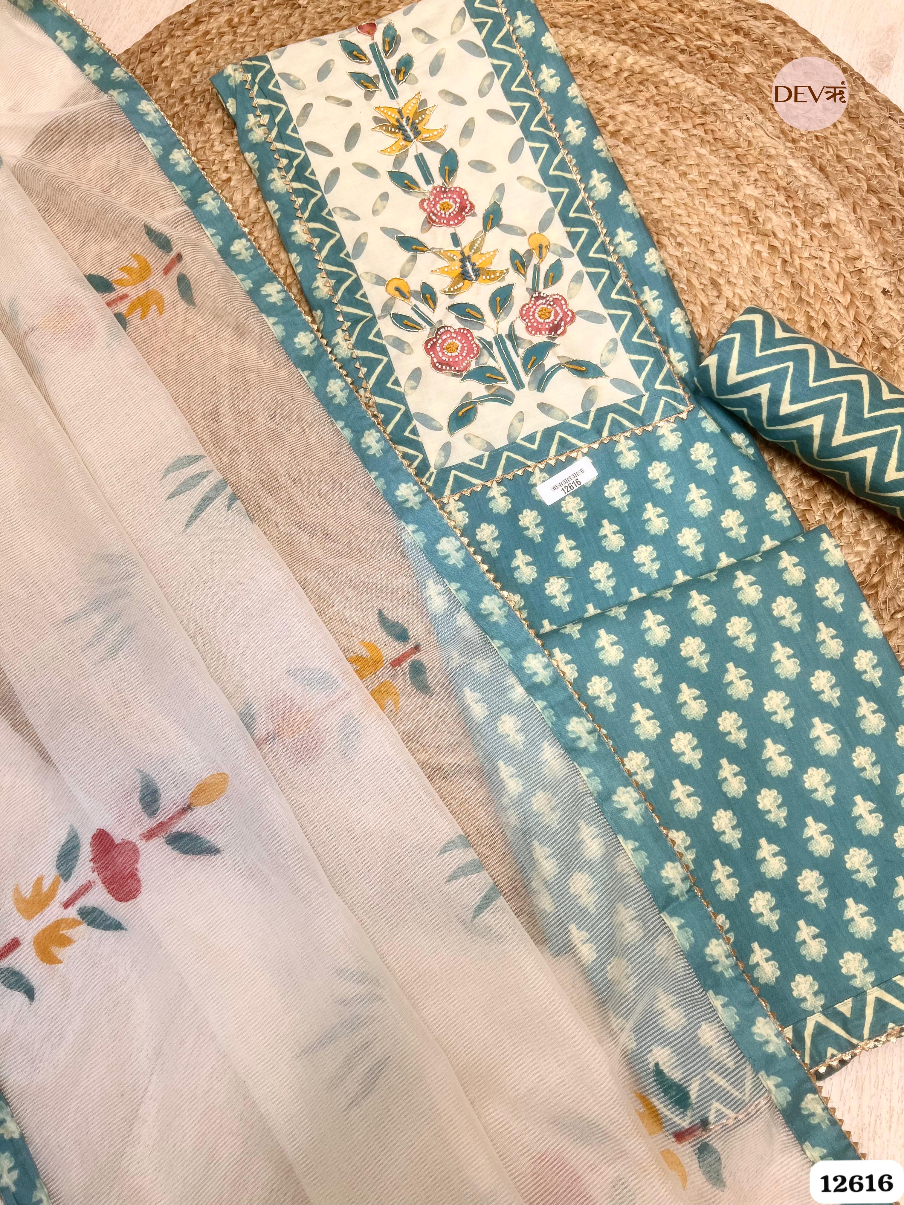 Teal Blue Cotton Embroidered Unstitched 3-Piece Suit (Devri – D.No 12616)