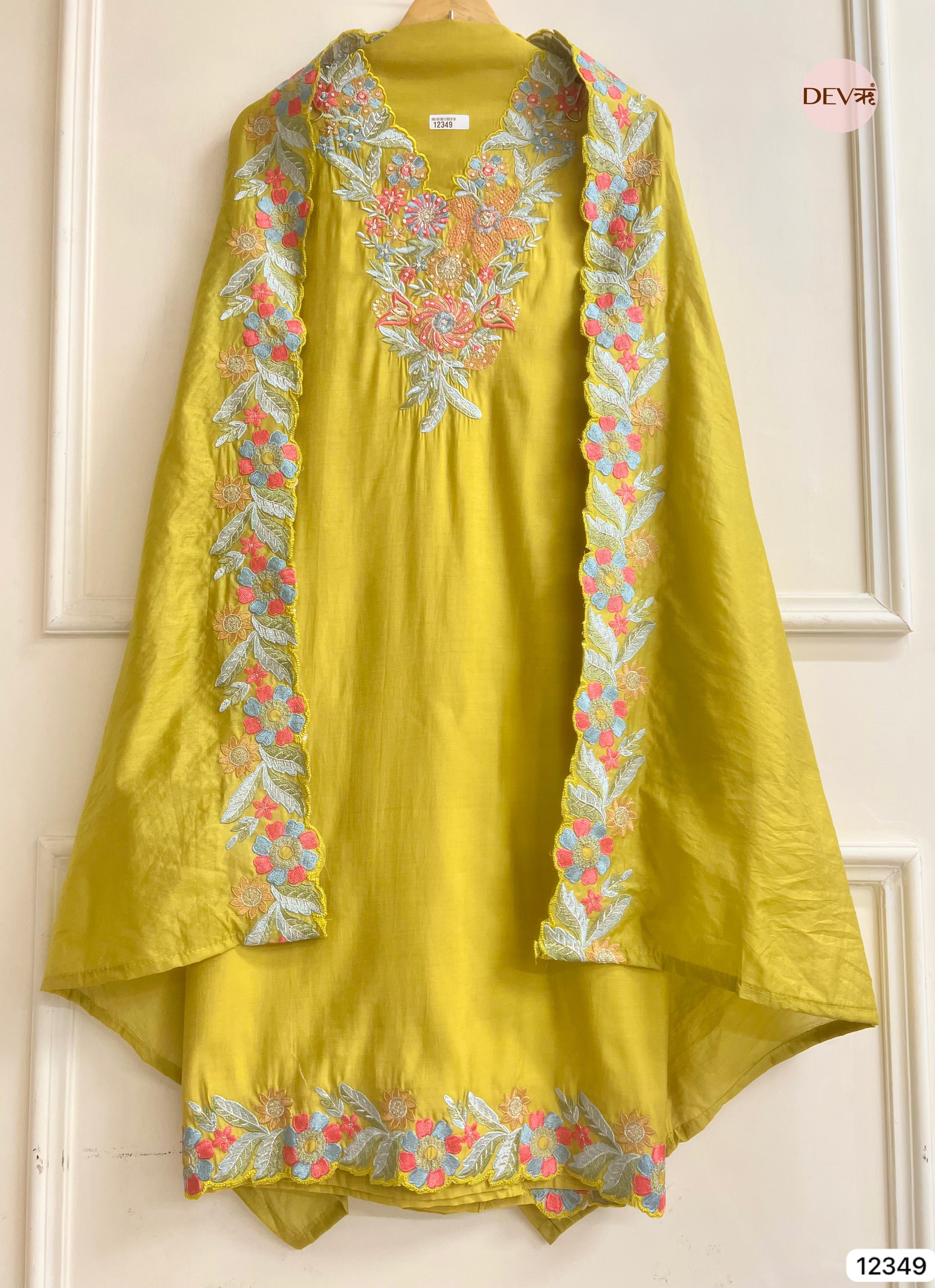 Olive Green Roman Silk Embroidered Unstitched 3-Piece Suit (Devri – D.No 12349)