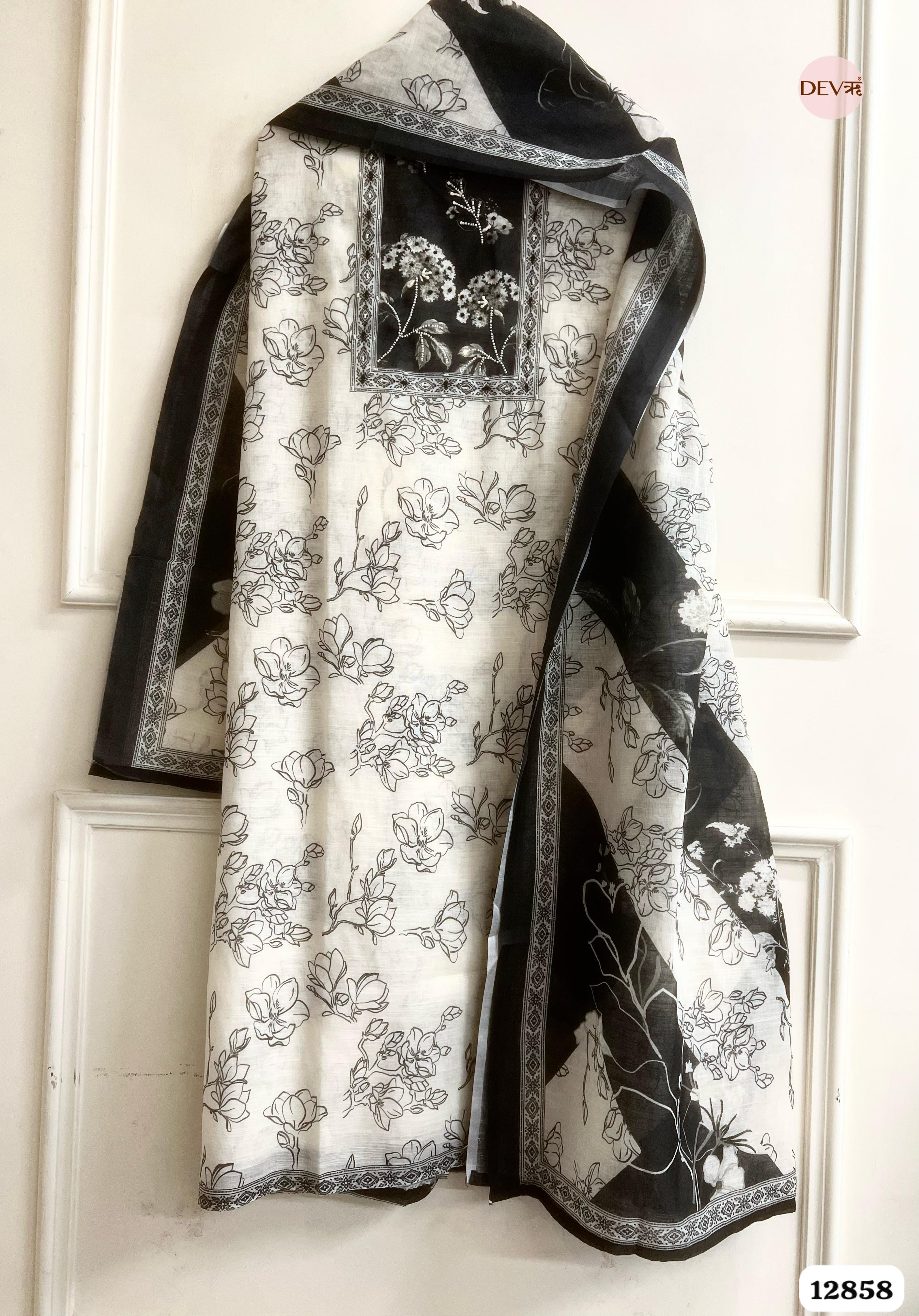 White Linen Cotton Printed Unstitched 3-Piece Suit (Devri – D.No 12858)