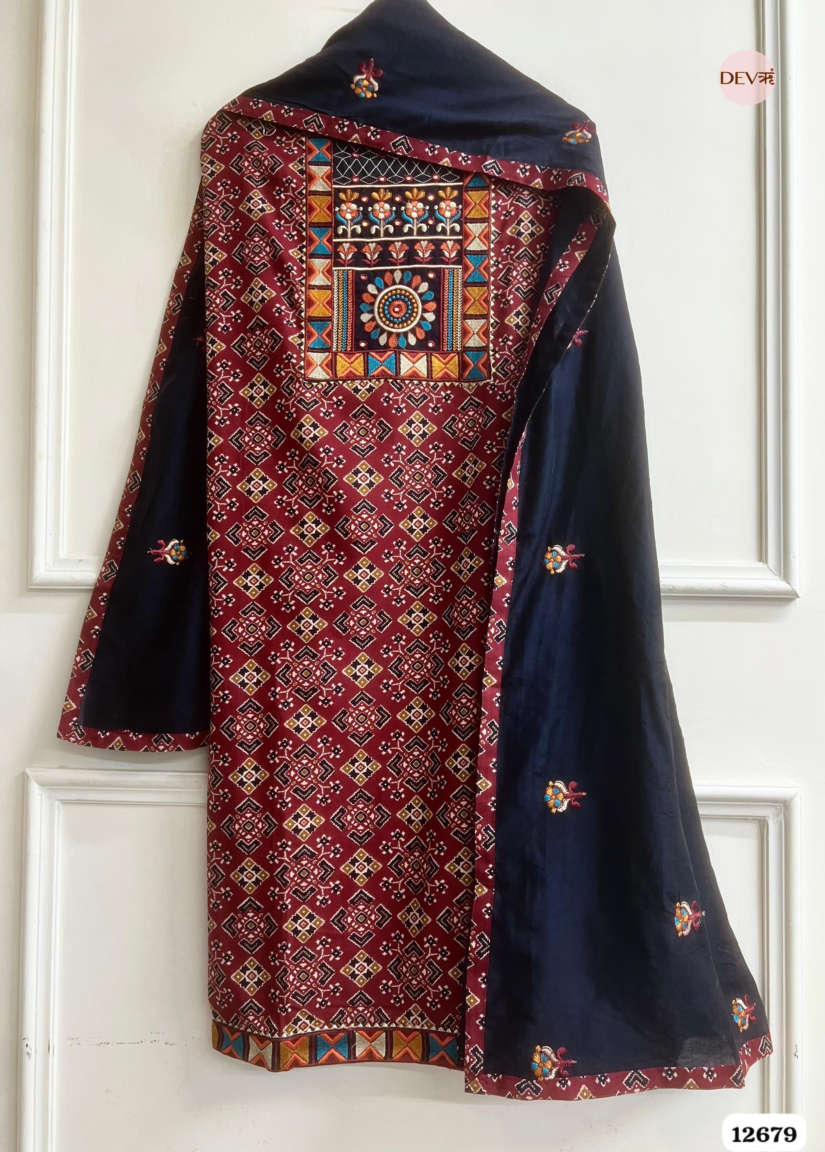 Navy Blue Modal Silk Printed Unstitched 3-Piece Suit (Devri – D.No 12679)