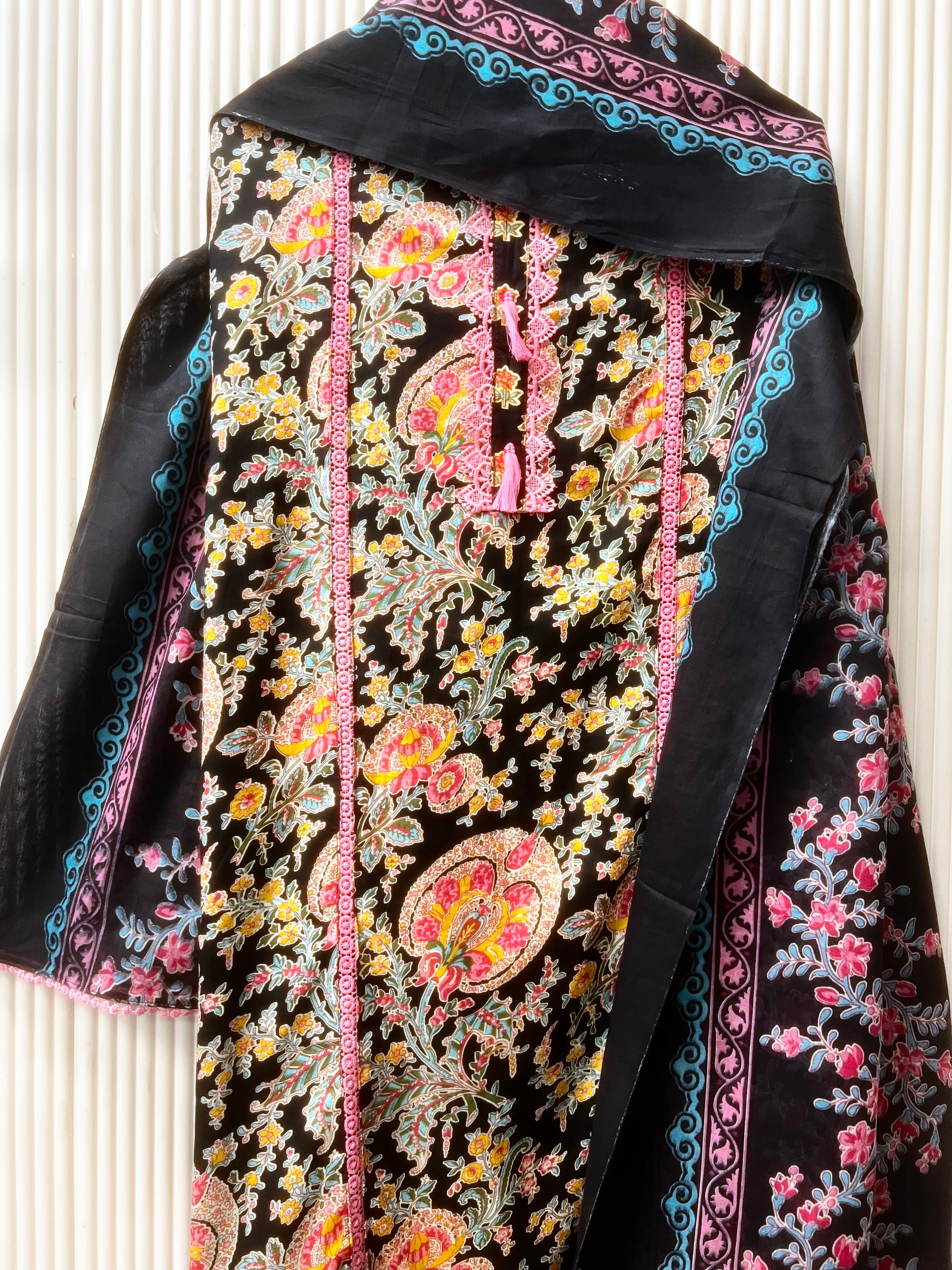 Black Cotton Floral Printed Unstitched 3-Piece Suit (Devri – D.No 12637)