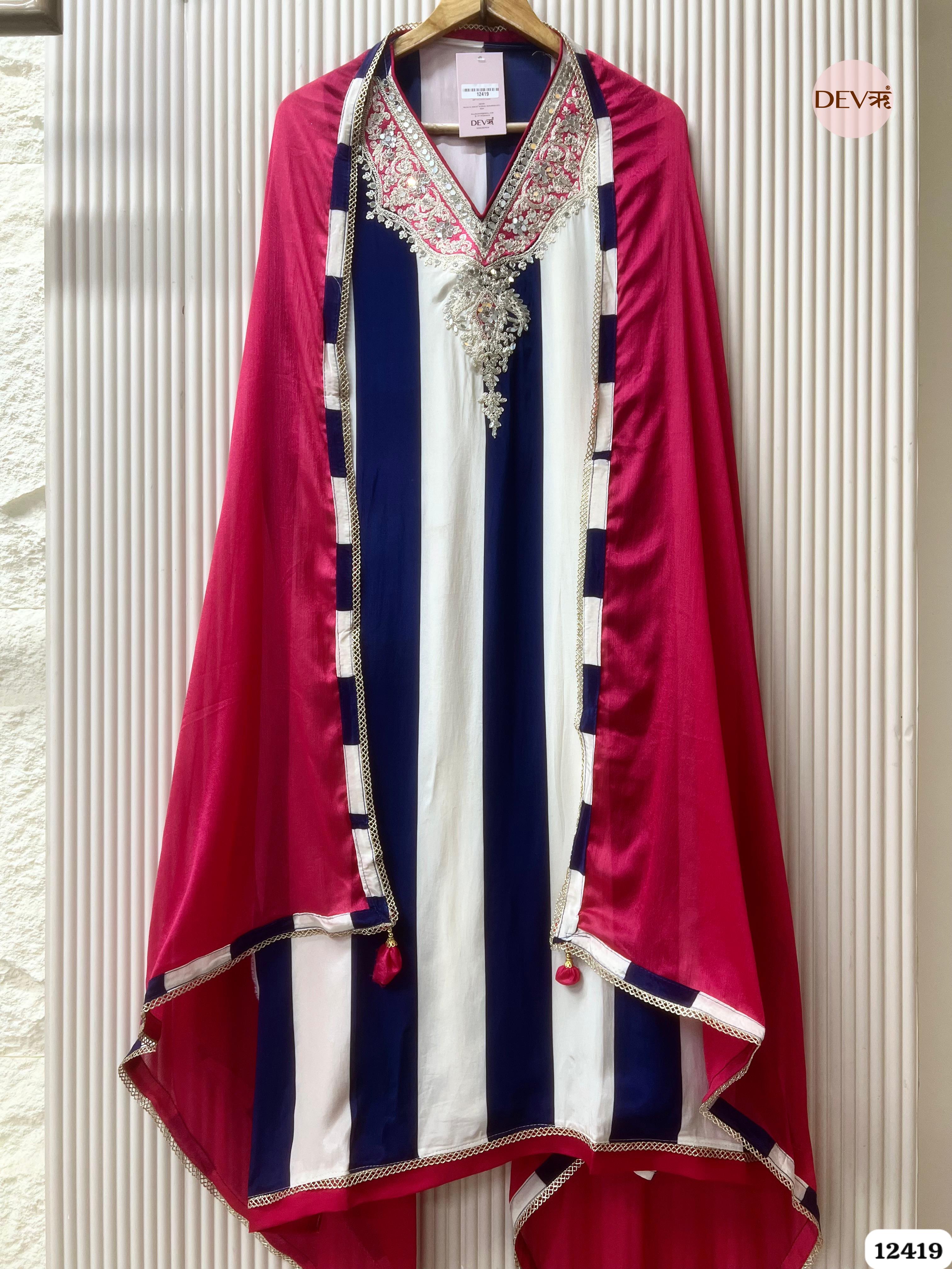 Ivory & Navy Natural Crepe Embroidered Unstitched 3-Piece Suit (Devri – D.No. 12419)