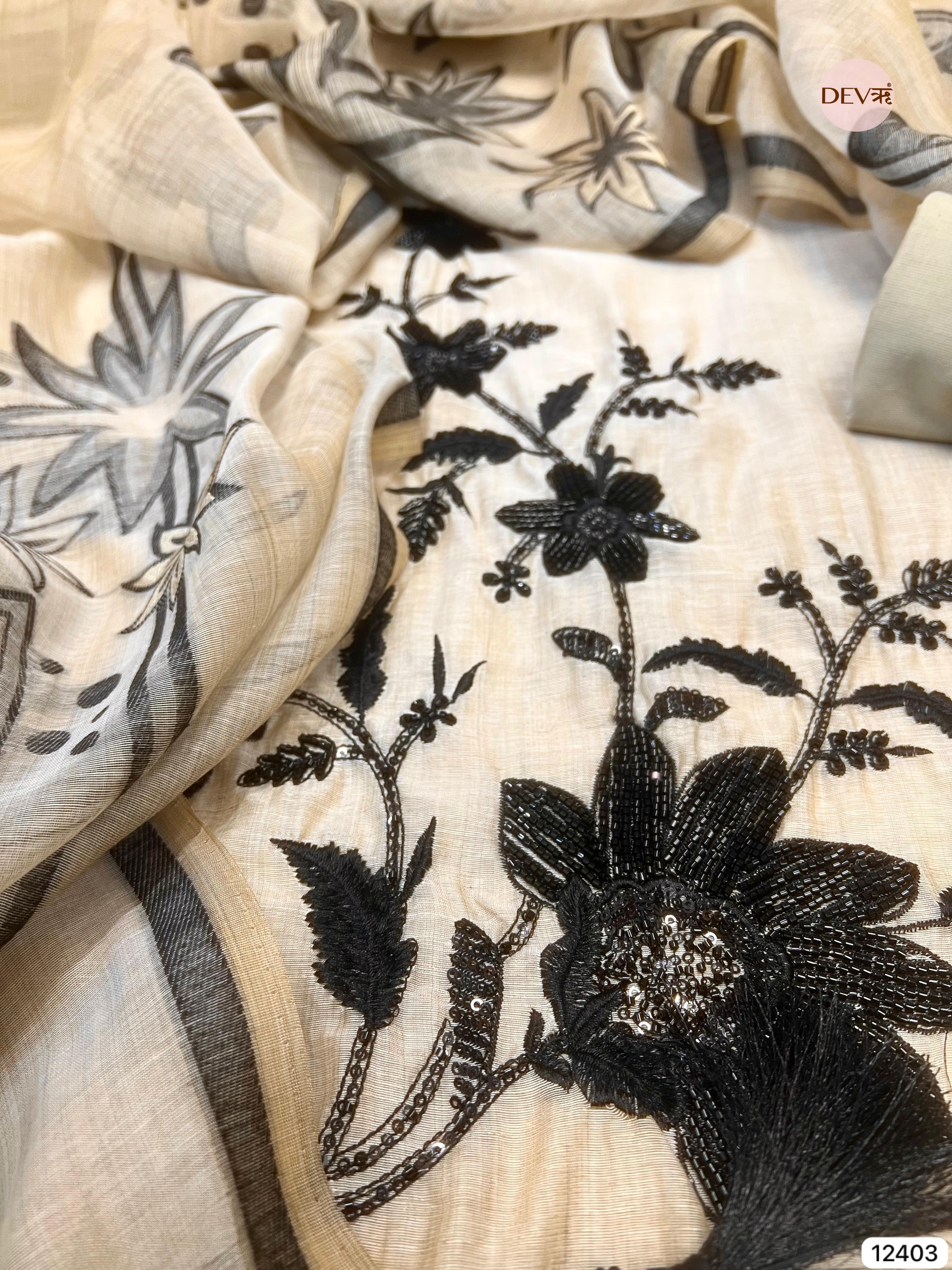 Beige Mul Chanderi Embroidered Unstitched 3-Piece Suit (Devri – D.No 12403)