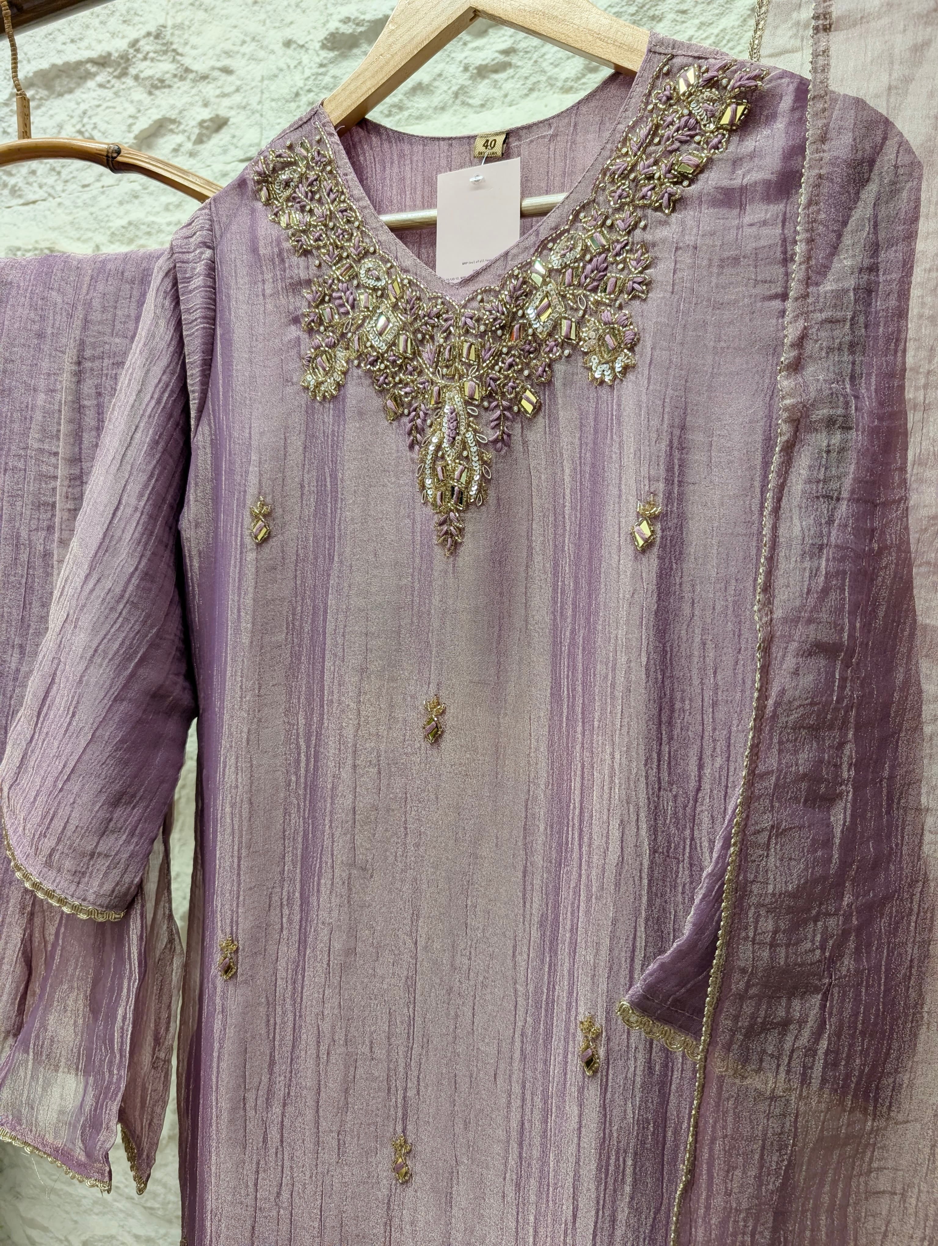 Gulnaar Tissue crush silk Embroidered Mauve 3-Piece Set (Devri – D.No 13754)