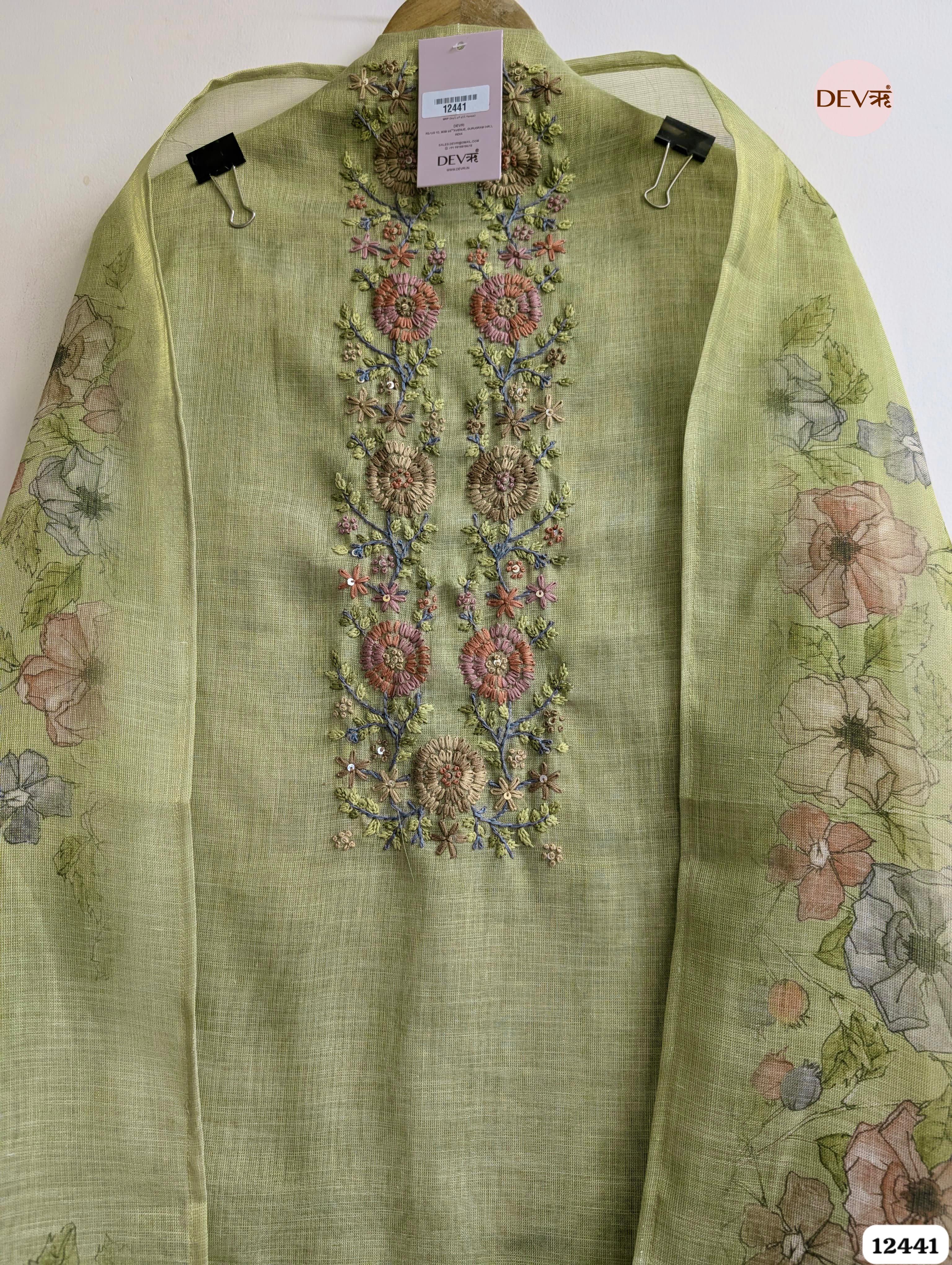 Sage Green Linen Embroidered Unstitched 3-Piece Suit (Devri – D.No 12441)