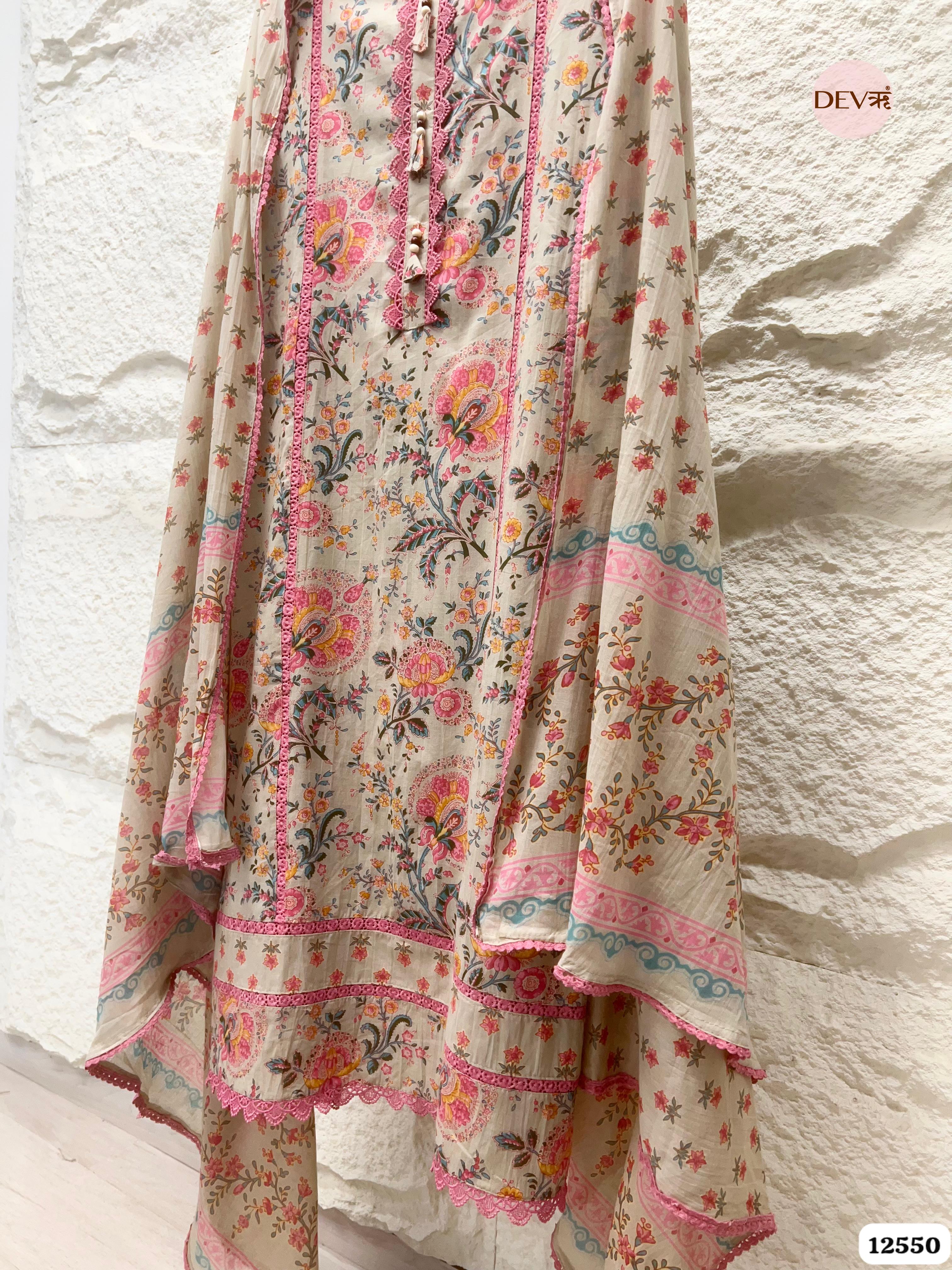 Beige Pure Cotton Floral Printed Unstitched 3-Piece Suit (Devri – D.No 12550)