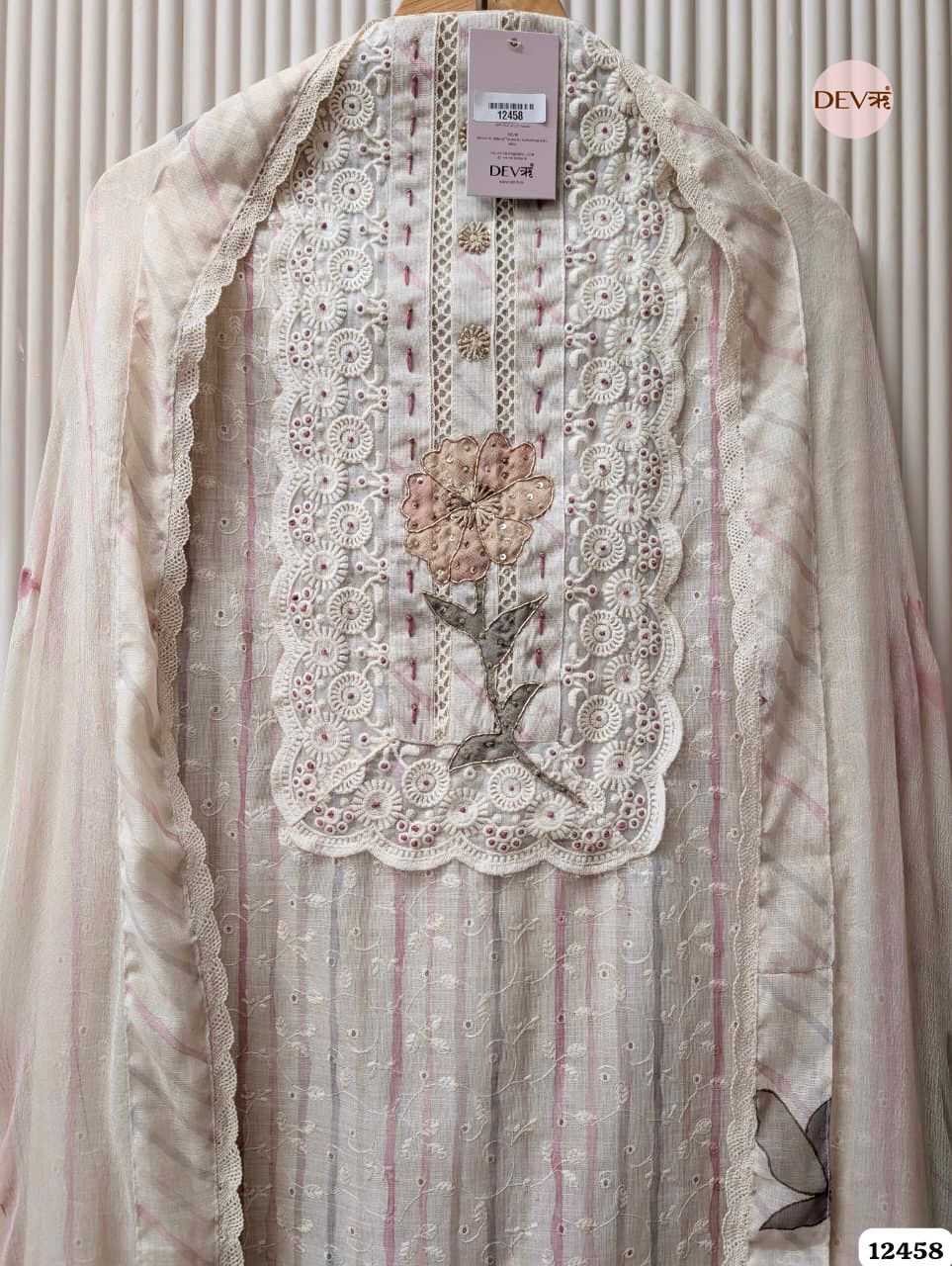 Pink &amp; Beige Pure Linen Embroidered Unstitched 3-Piece Suit (Devri – D.No 12458)