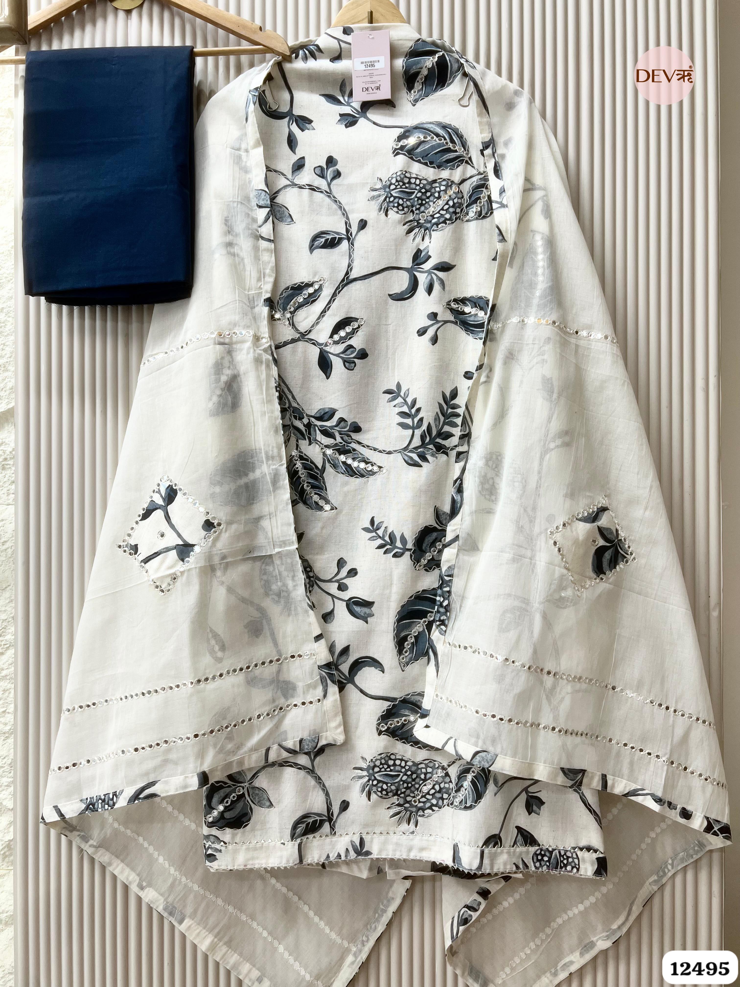 Ivory & Slate Blue Pure Cotton Printed Unstitched 3-Piece Suit (Devri – D.No. 12495)