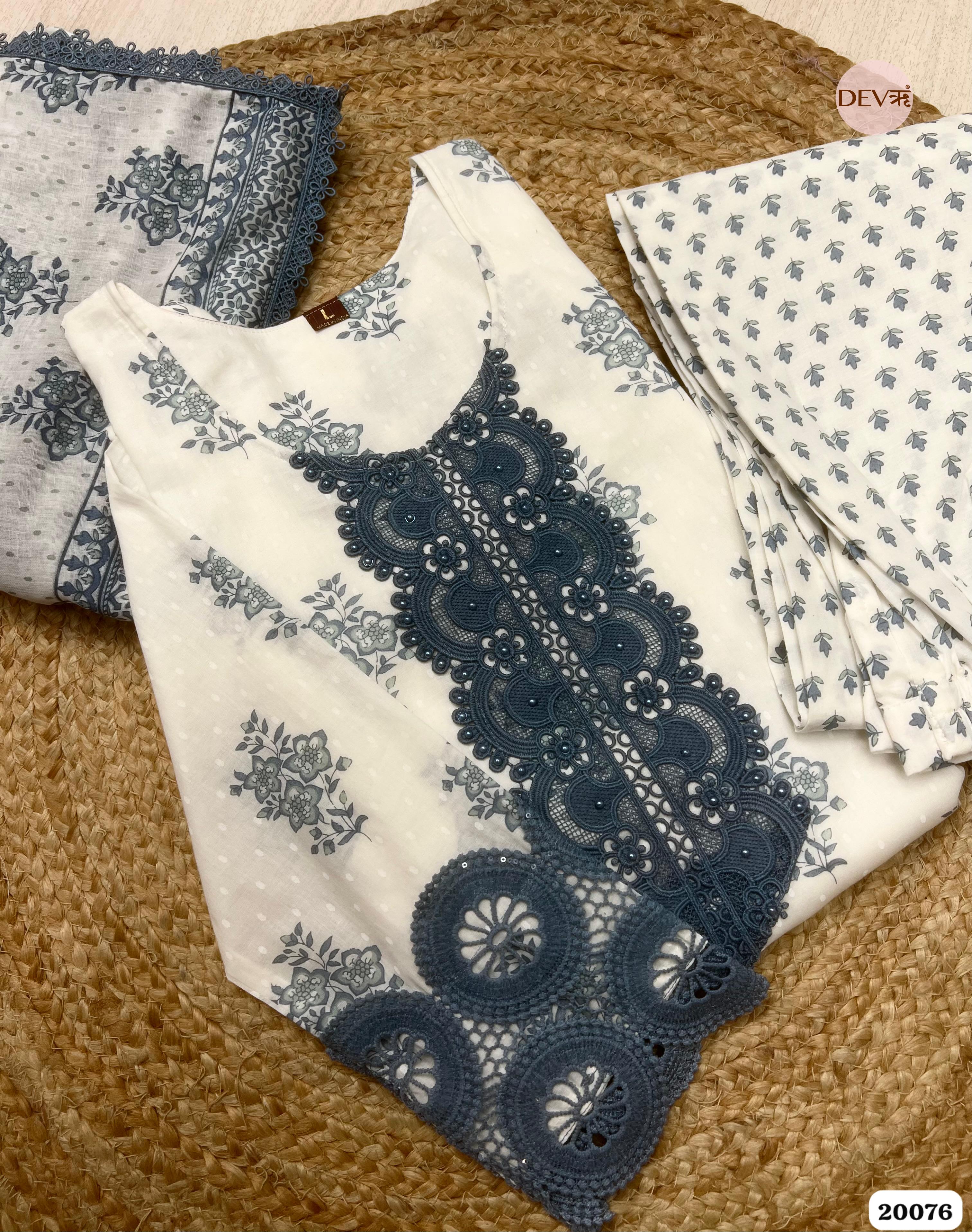Meher Cotton Printed Slate Blue & Ivory 3-Piece Set (Devri – D.No 20076)