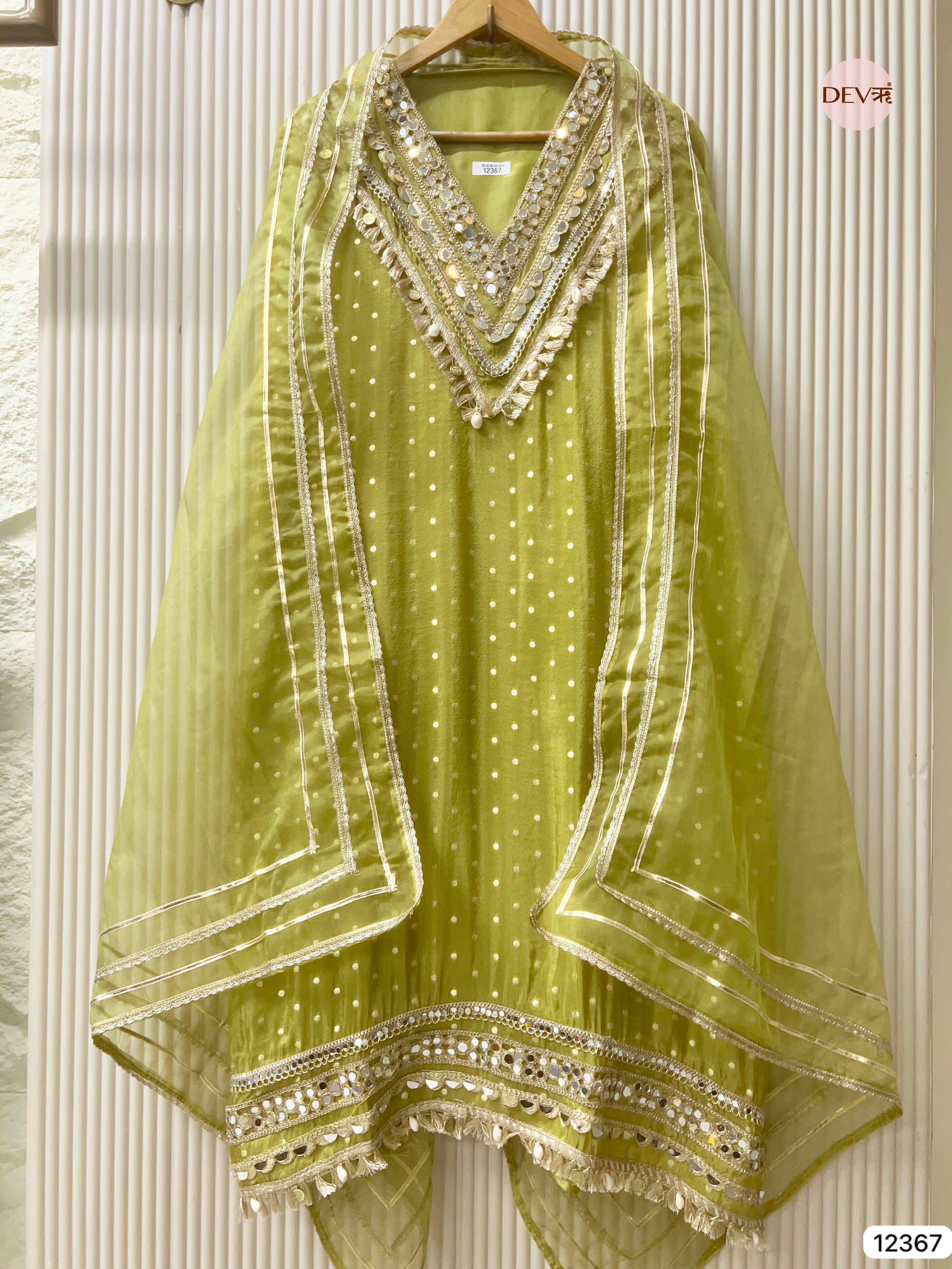 Olive Green Tissue Shimmer Embellished Unstitched 3-Piece Suit (Devri – D.No 12367)