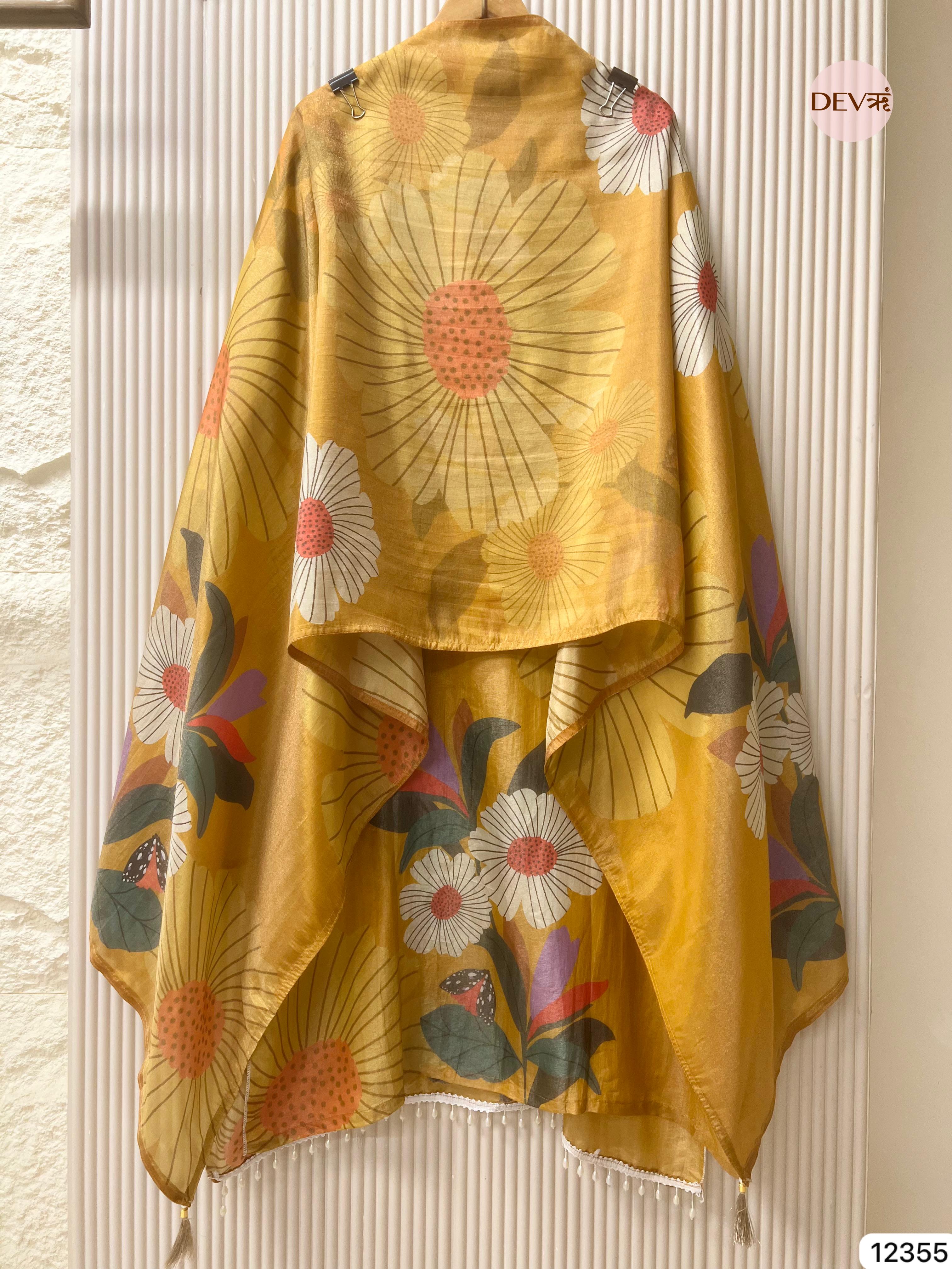 Mustard Yellow Shimmer Silk Printed Unstitched 3-Piece Suit (Devri – D.No 12355)