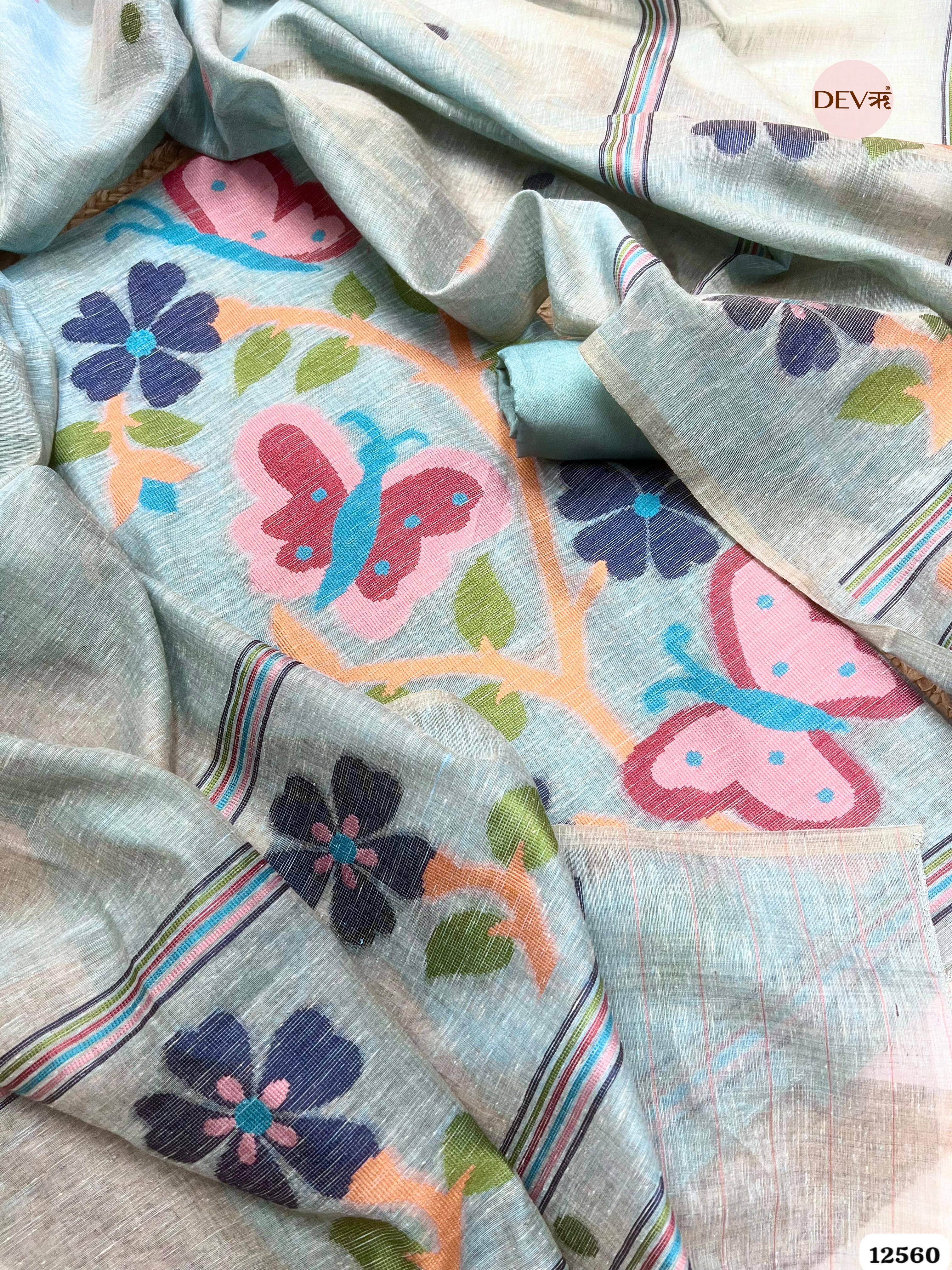 teal Linen Printed Unstitched 3-Piece Suit (Devri – D.No 12560)