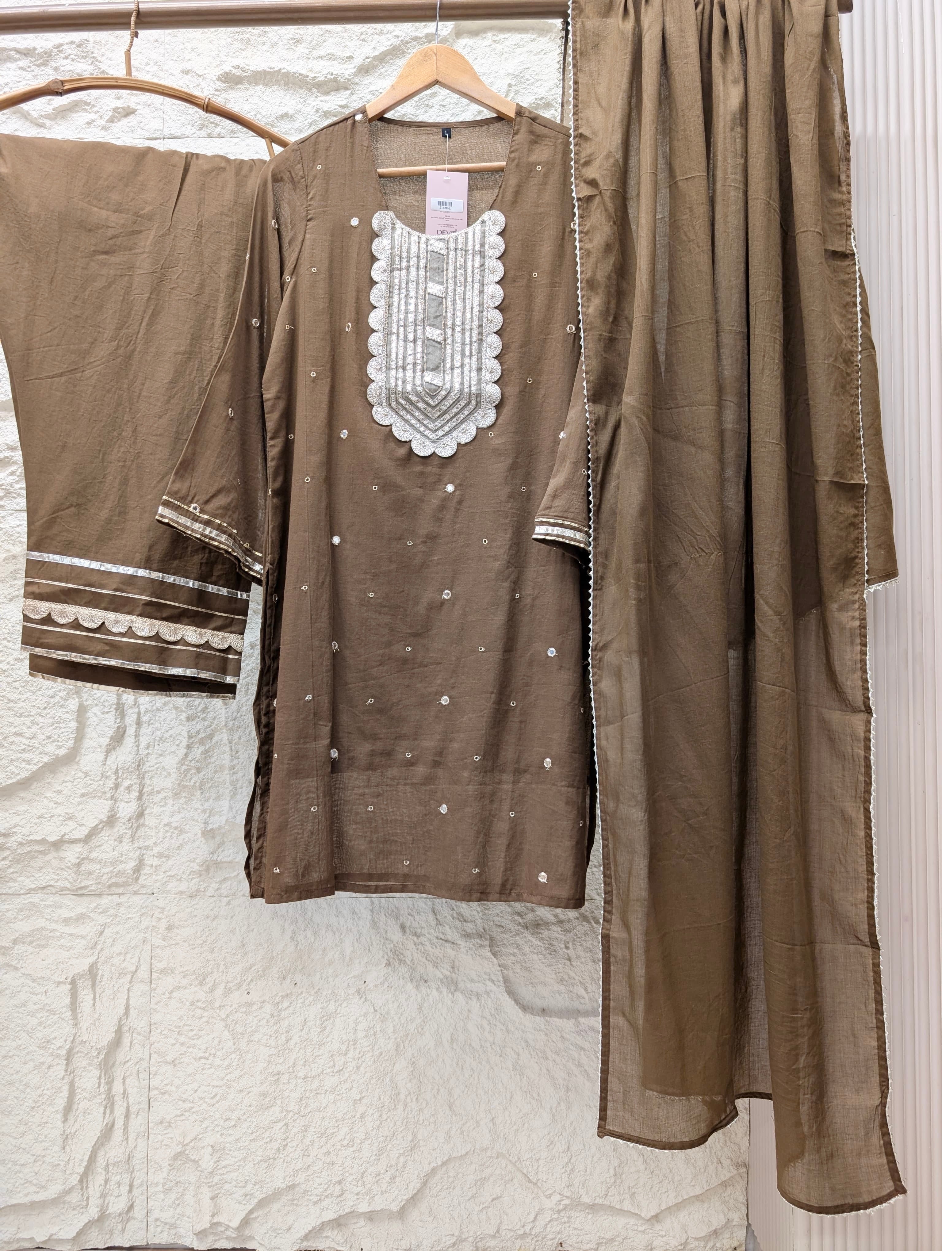 Zarmina Pure mul cotton Embroidered Brown 3-Piece Set (Devri – D.No 21188)