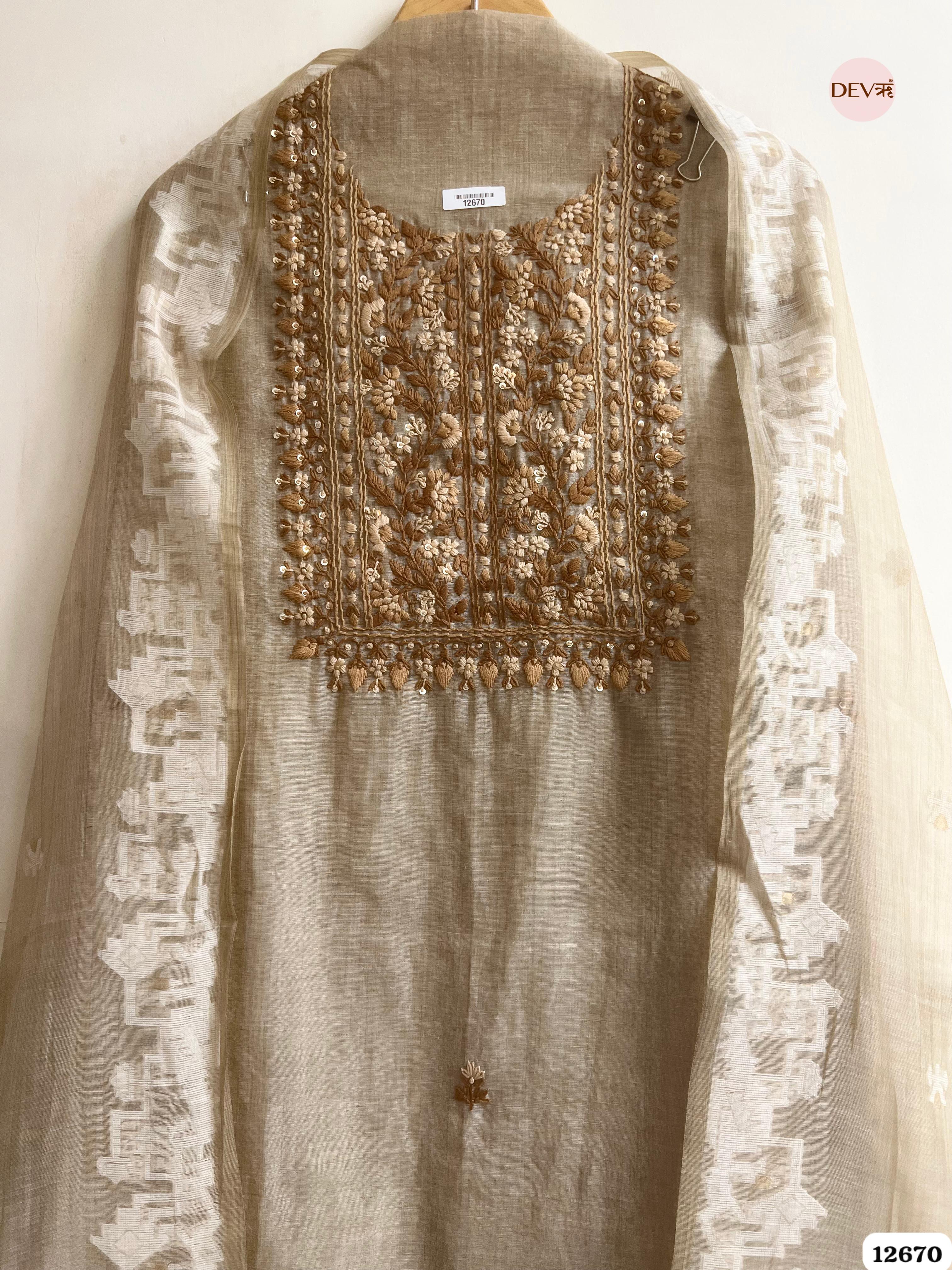 Beige Mul Chanderi Embroidered Unstitched 3-Piece Suit (Devri – D.No 12670)