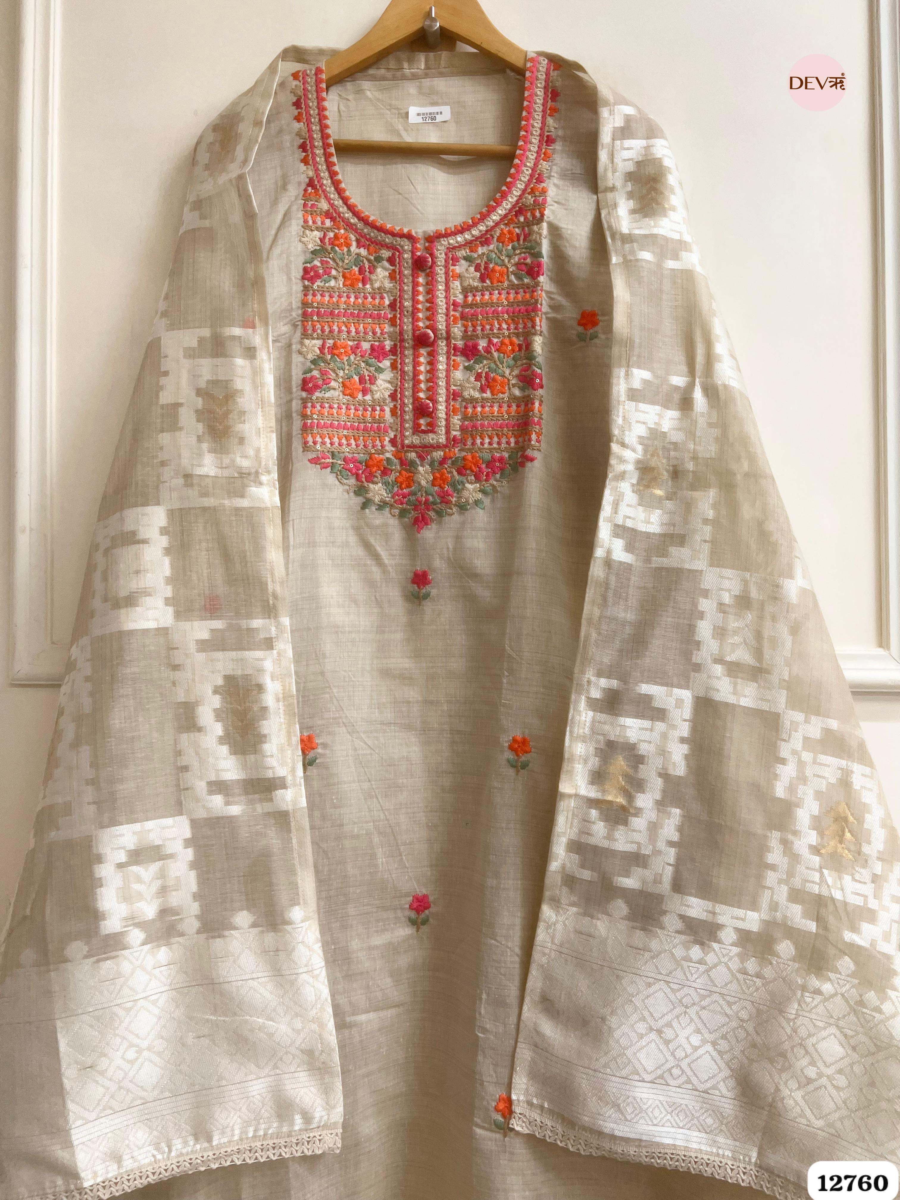 Beige Mul Chanderi Embroidered Unstitched 3-Piece Suit (Devri – D.No 12760)