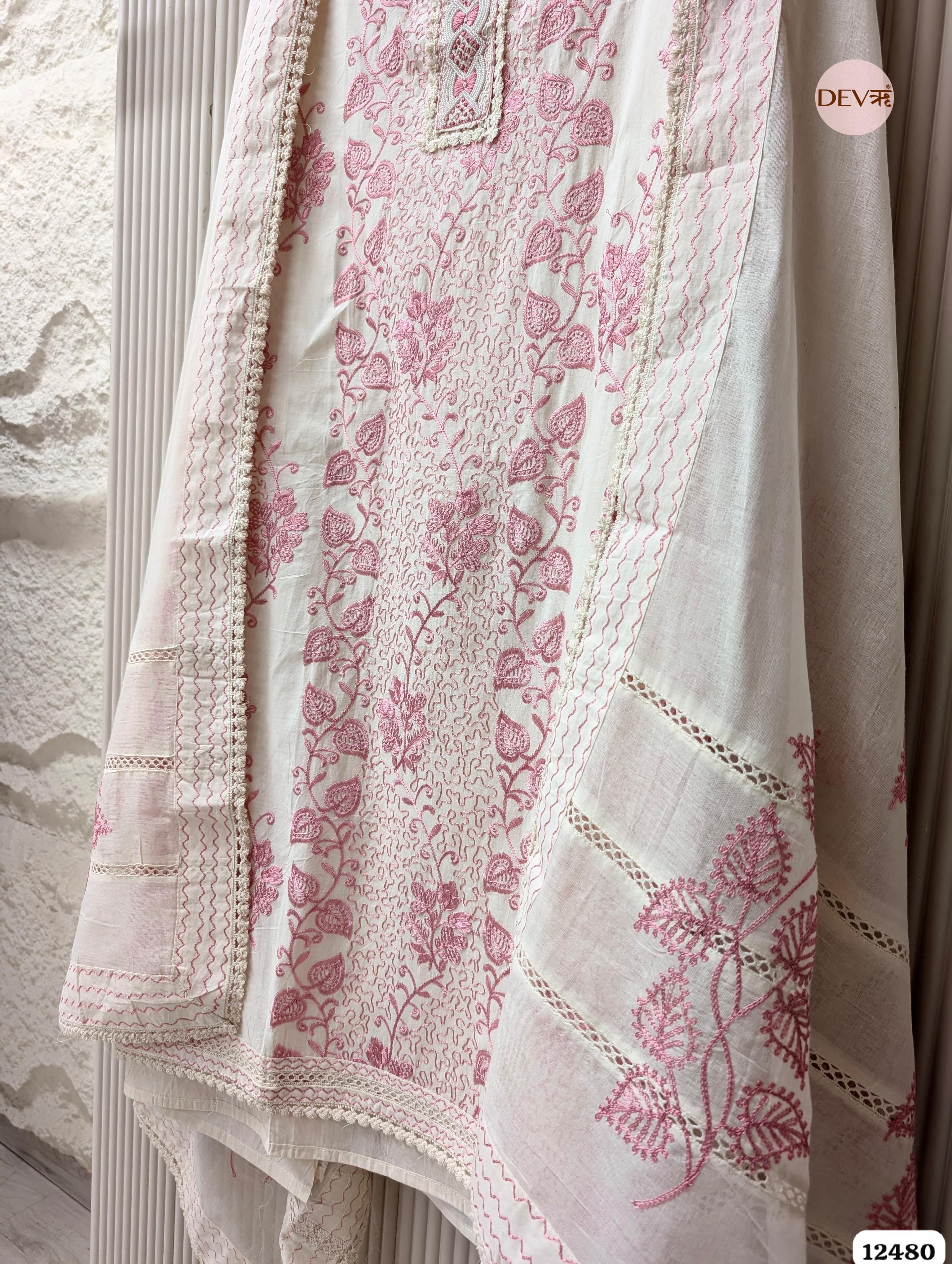 Pink & White Pure Cotton Embroidered Unstitched 3-Piece Suit (Devri – D.No 12480)