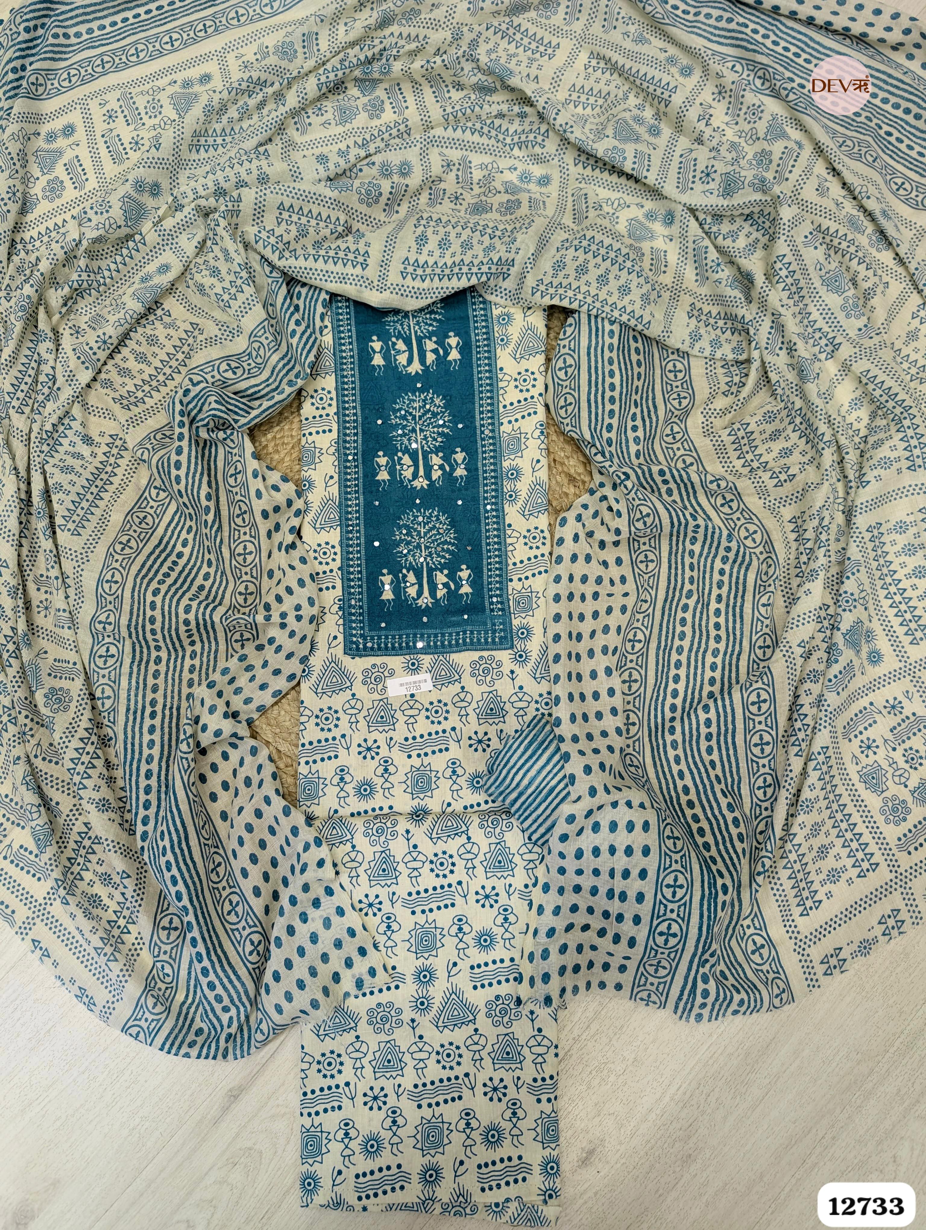 Indigo and Ivory Cotton Printed Unstitched 3-Piece Suit (Devri – D.No 12733)