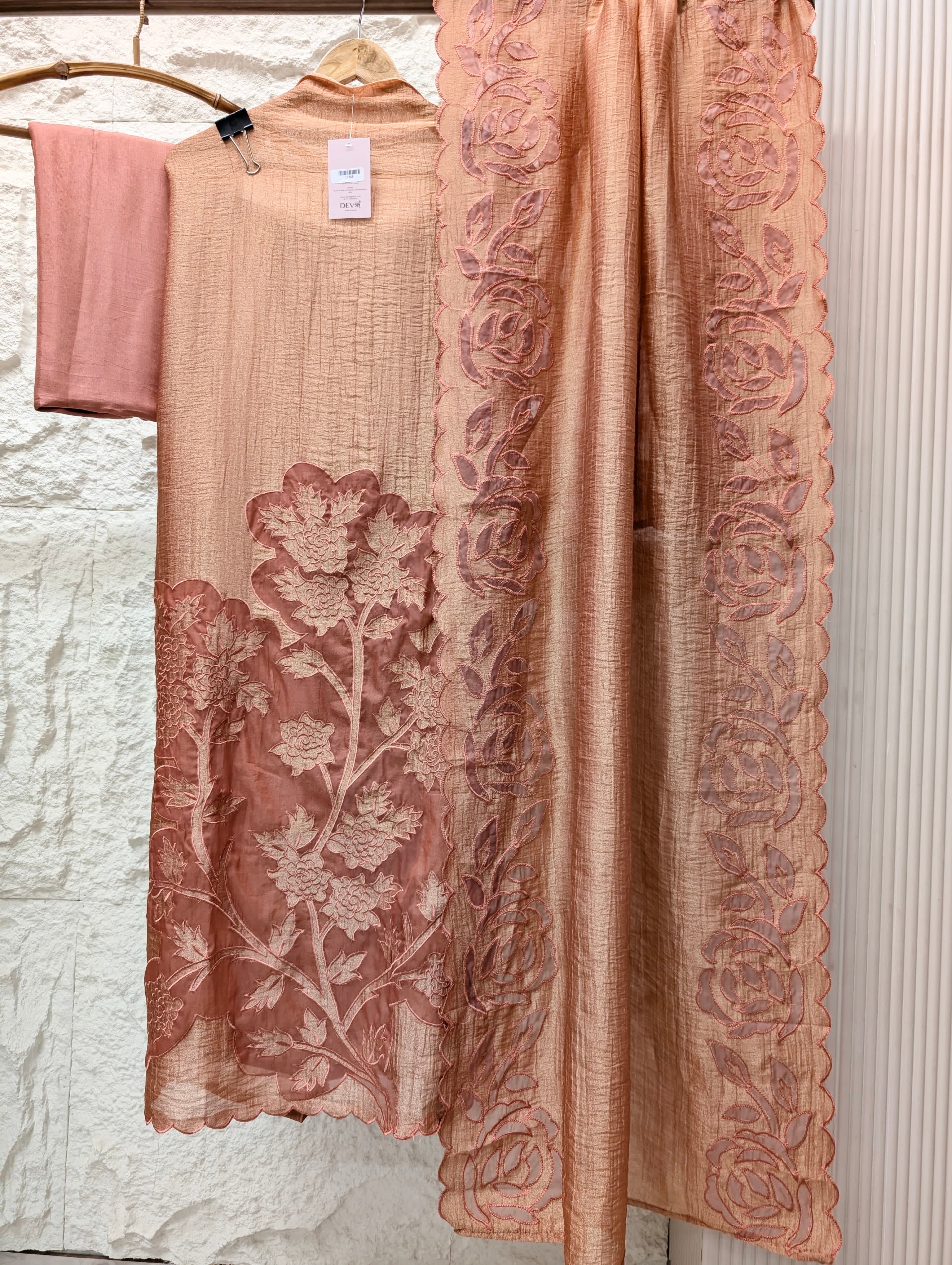 Peach Tissue Crush Silk Embroidered Unstitched 3-Piece Suit (Devri – D.No 13746)