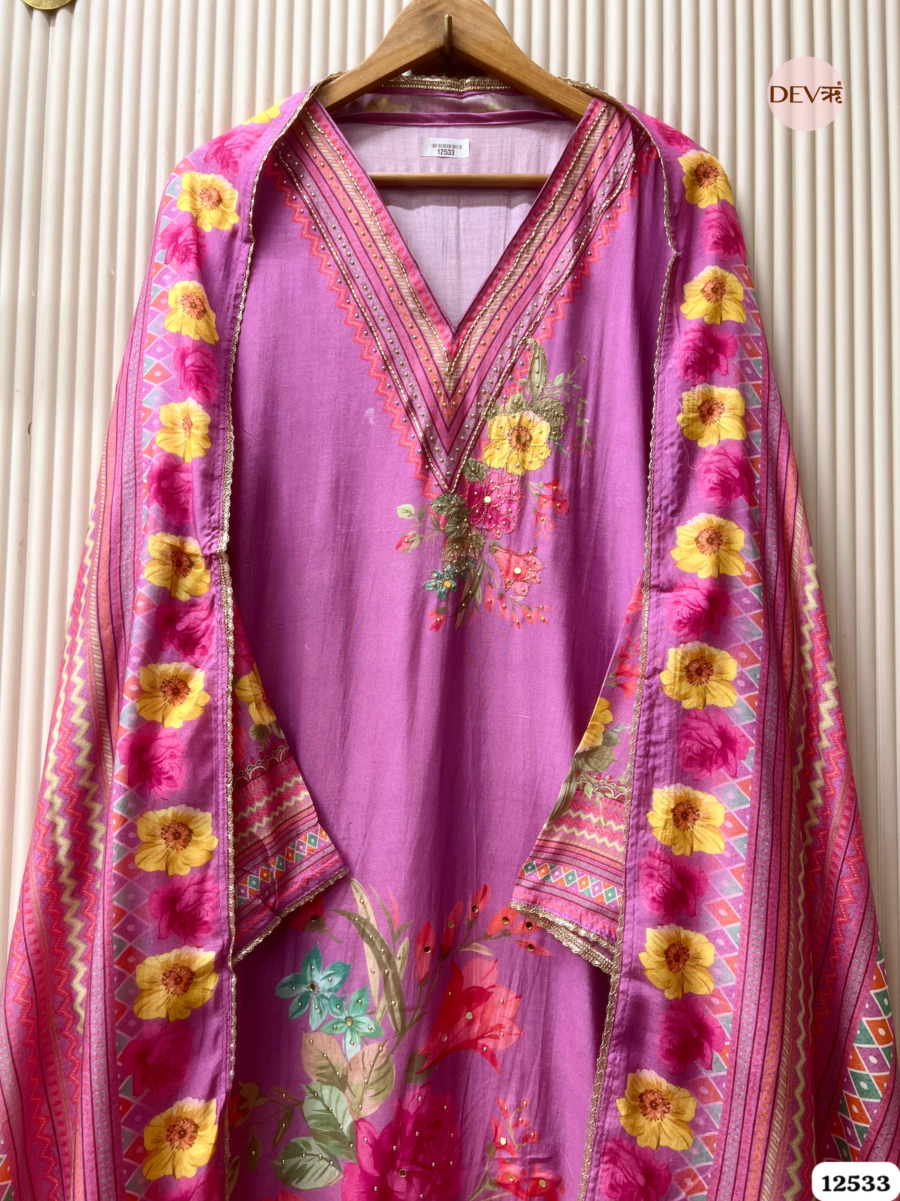 Rose Pink Muslin Printed Unstitched 3-Piece Suit (Devri – D.No. 12533)