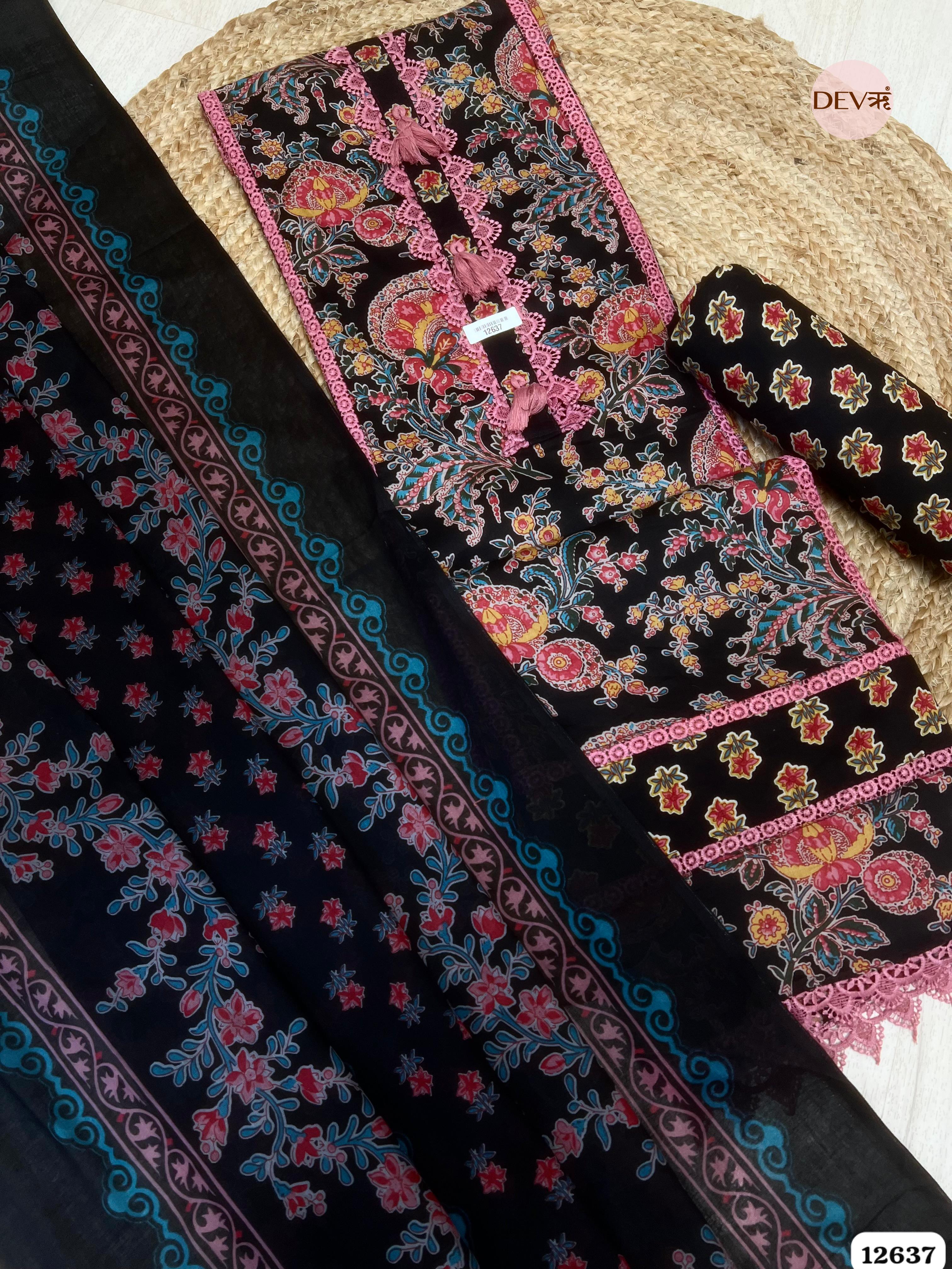 Black Cotton Floral Printed Unstitched 3-Piece Suit (Devri – D.No 12637)