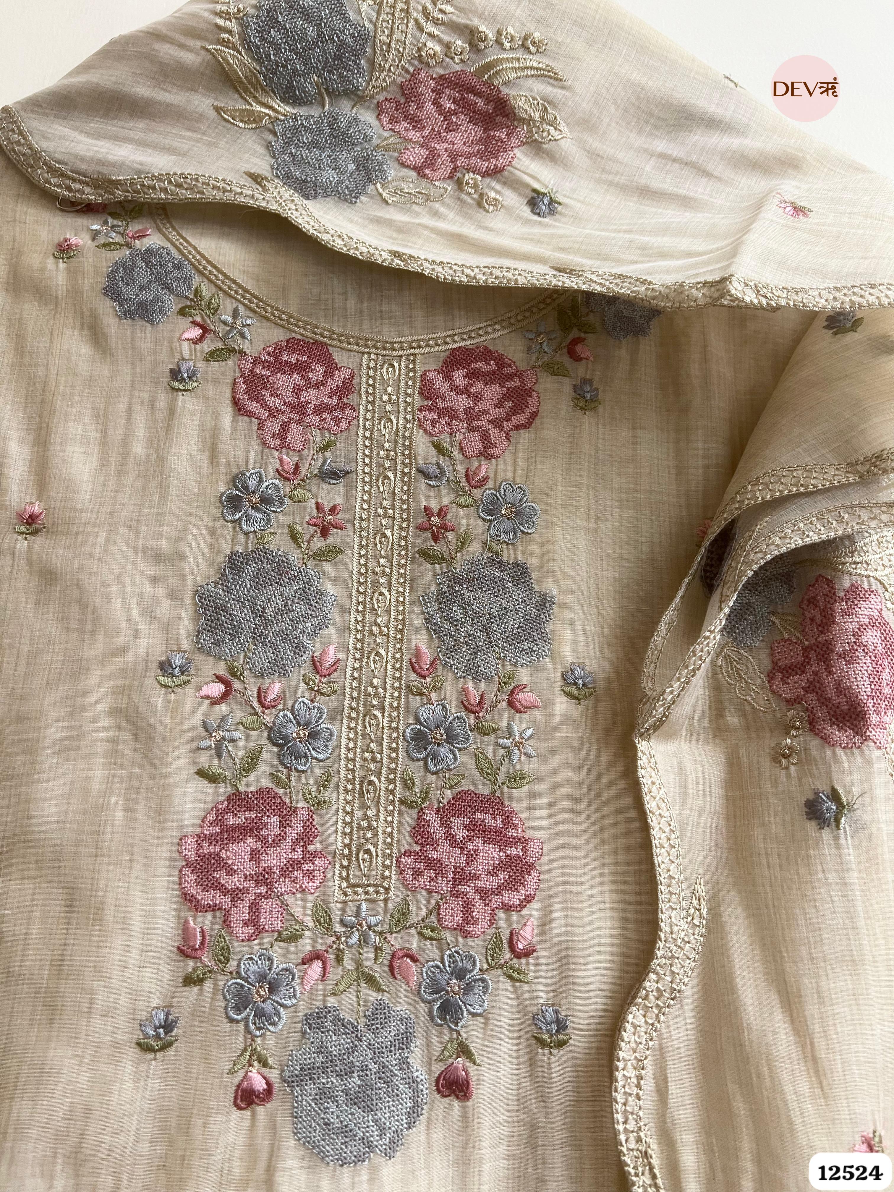 baige Mul Chanderi Embroidered Unstitched 3-Piece Suit (Devri – D.No. 12524)