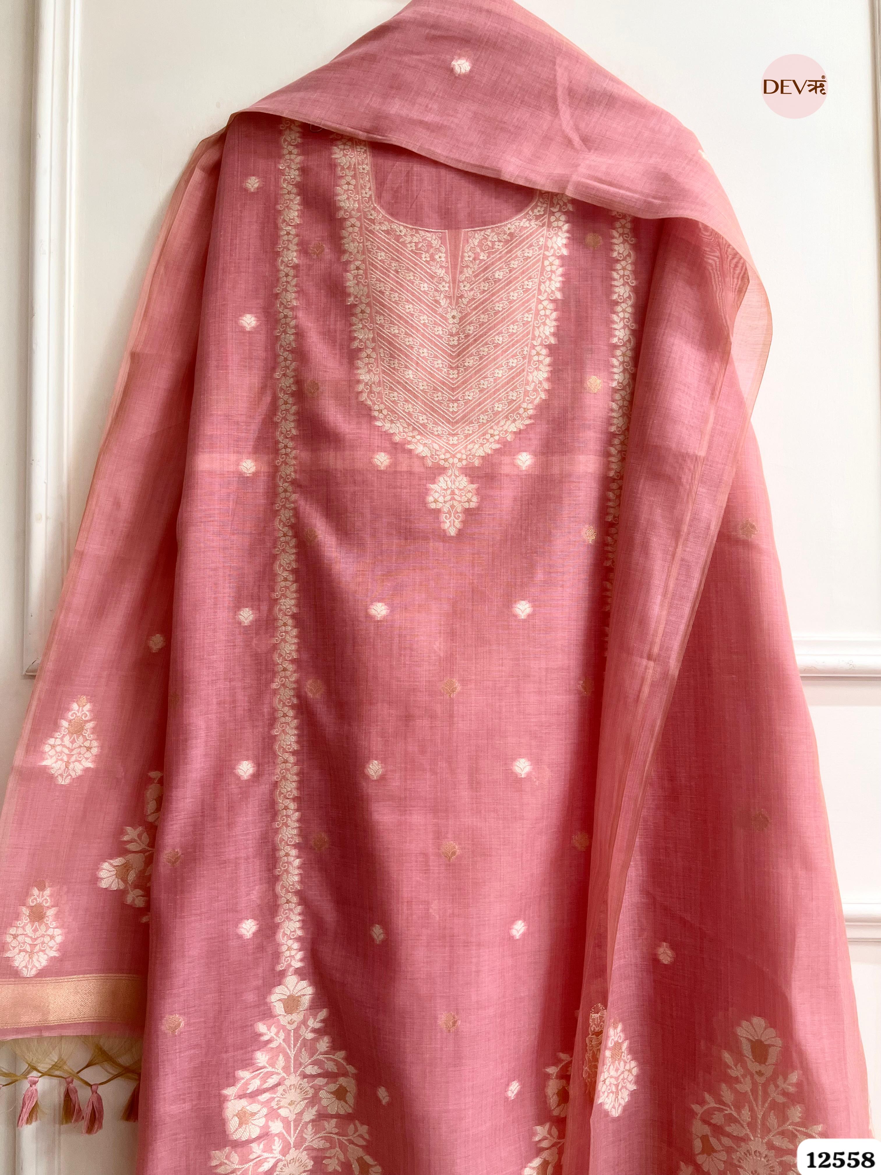 Pink Jamdani Embroidered Unstitched 3-Piece Suit (Devri – D.No 12558)