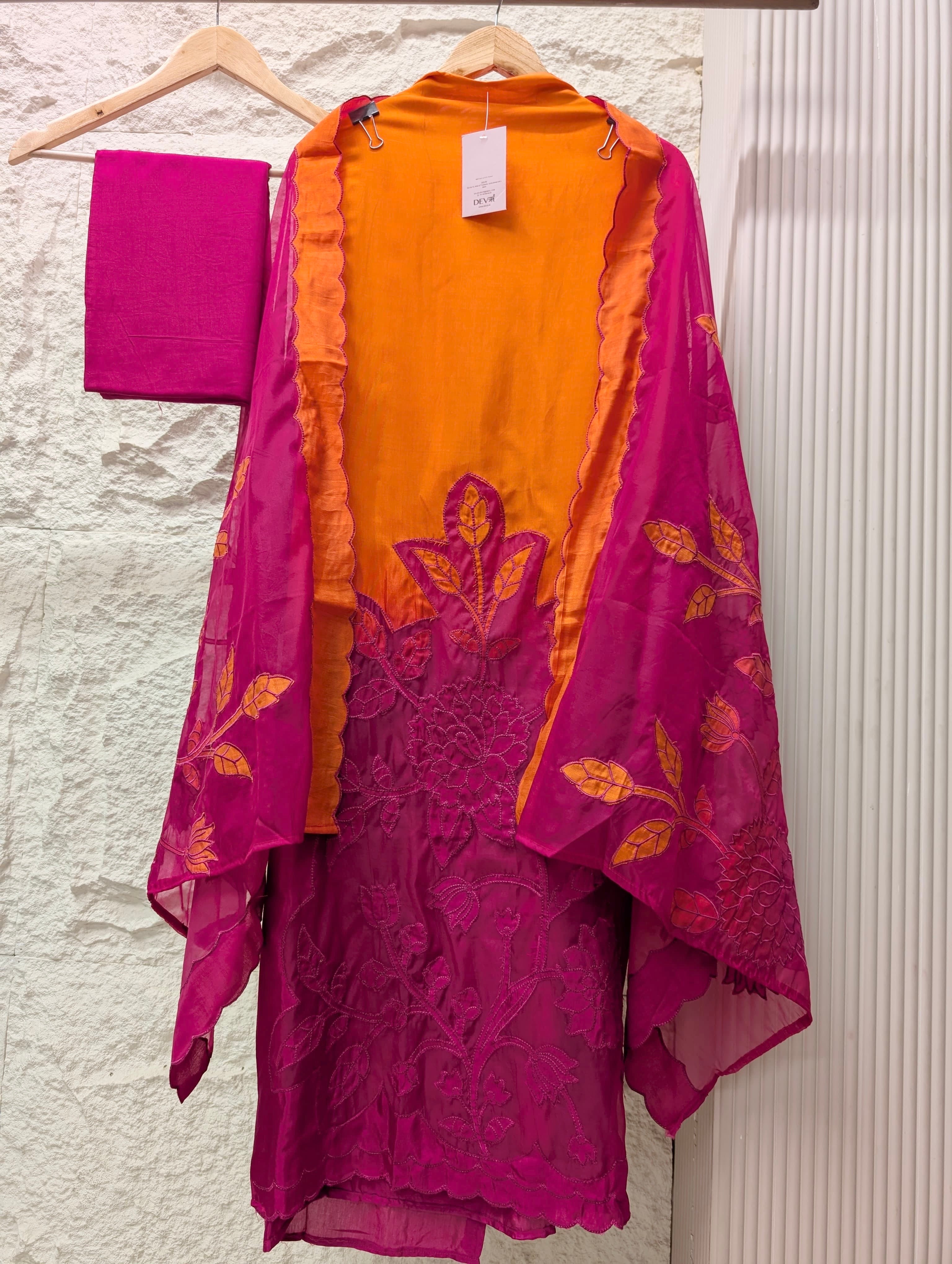 Orange Muslin Embroidered Unstitched 3-Piece Suit (Devri – D.No 13788)