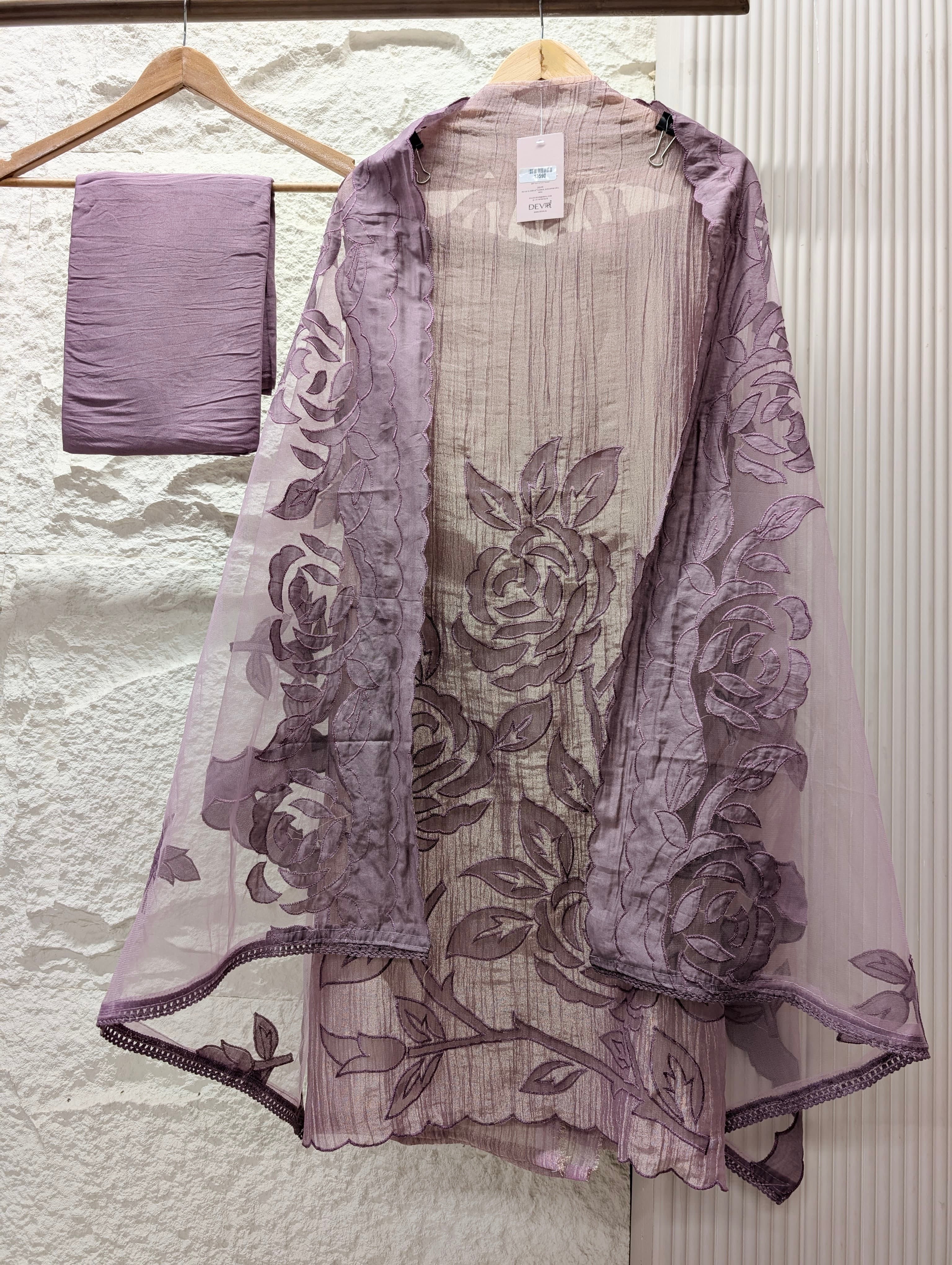 Purple Tissue Crush Silk Embroidered Unstitched 3-Piece Suit (Devri – D.No 13590)