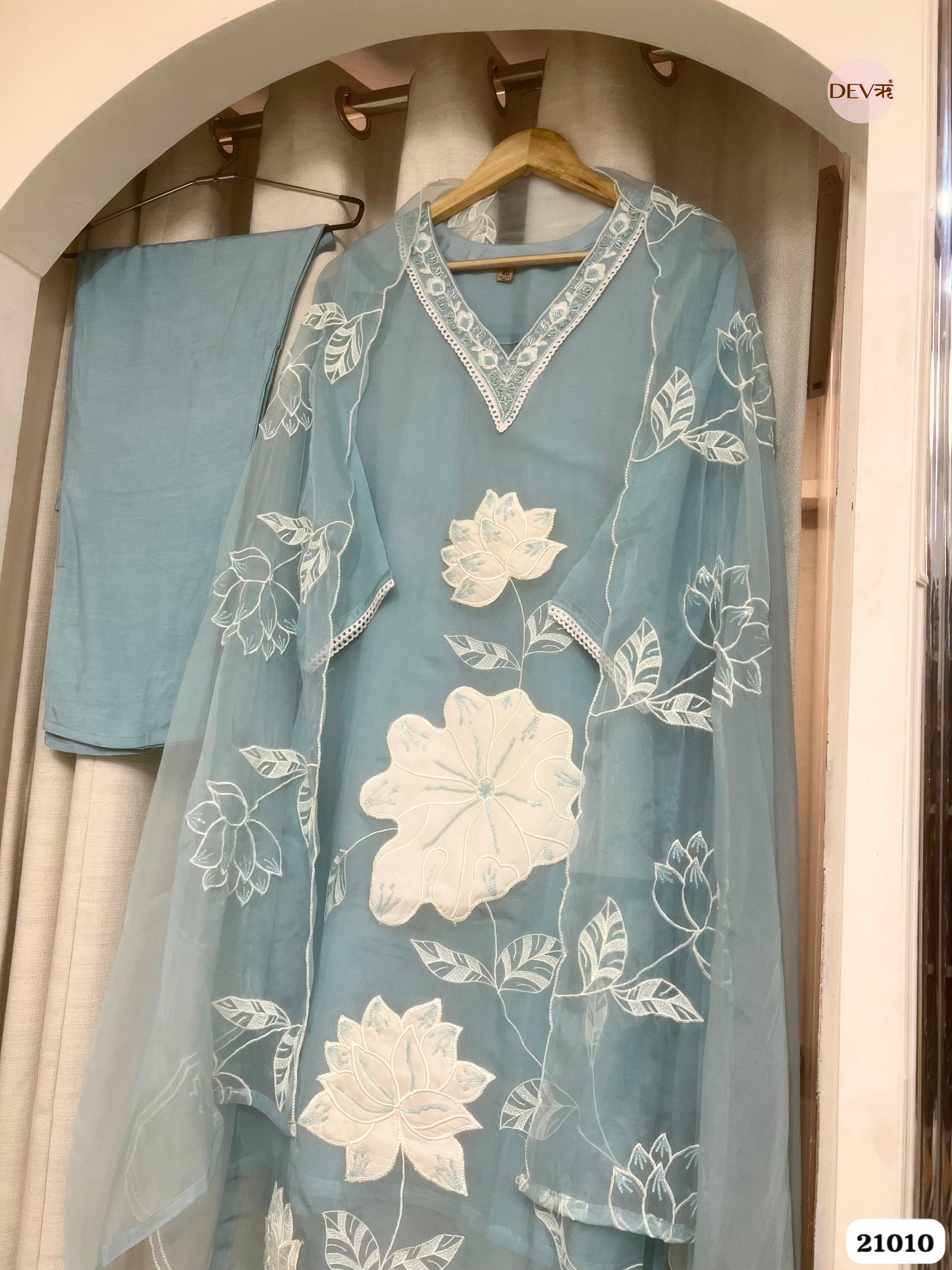 Vanya Organza Embroidered Sky Blue 3-Piece Set (Devri – D.No 21010)
