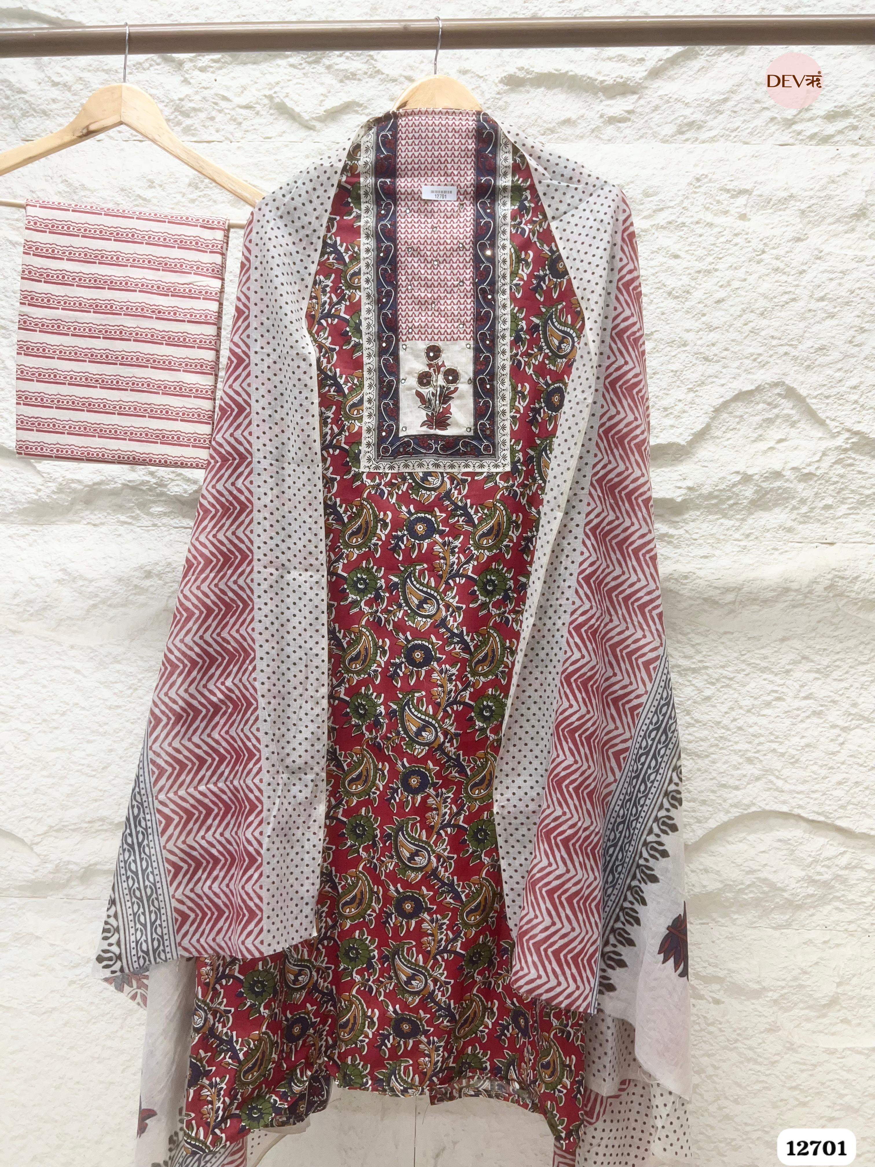 Red & White Cotton Printed Unstitched 3-Piece Suit (Devri – D.No 12701)