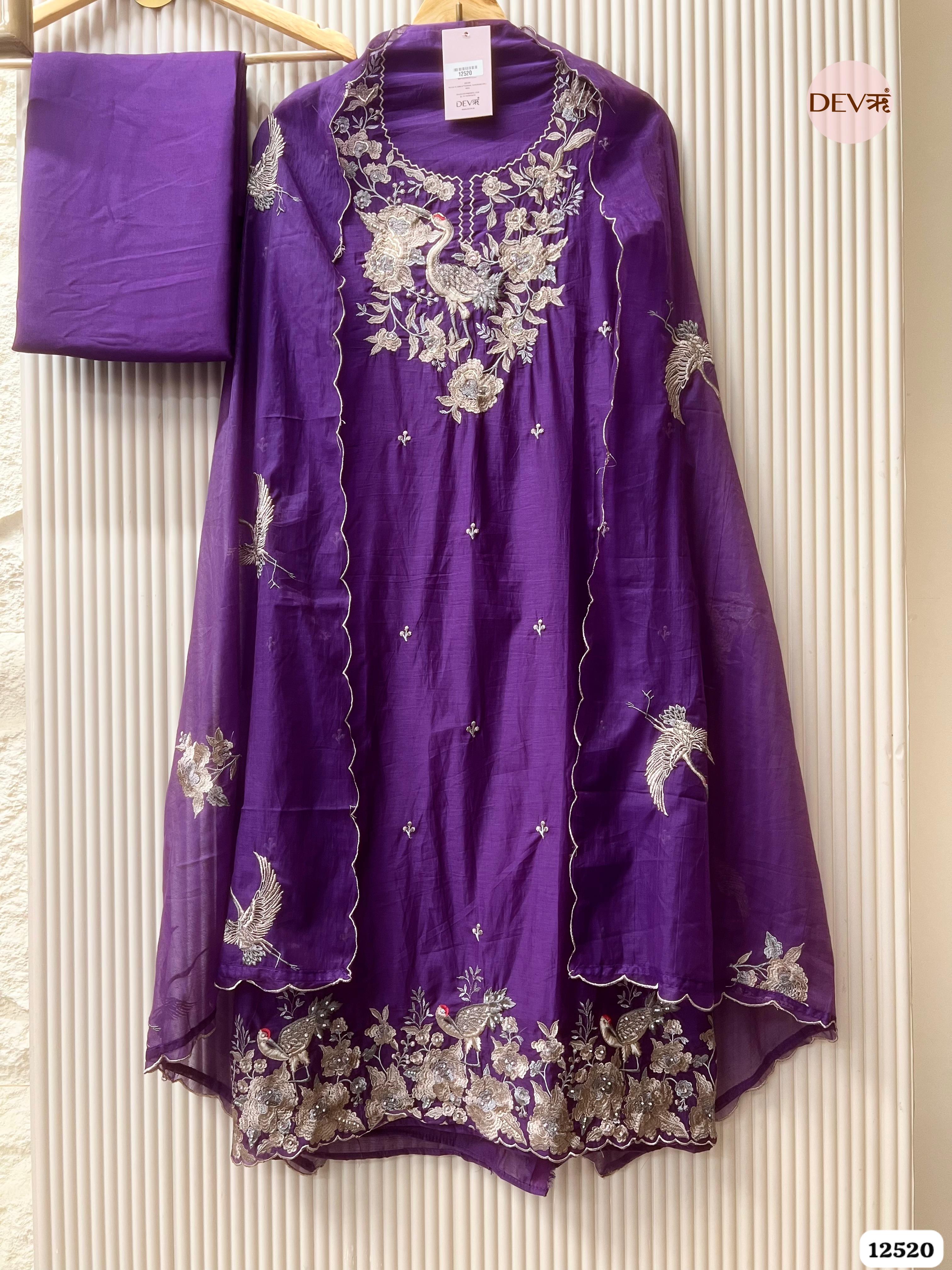 Royal Purple Pure Mul Chanderi Embroidered Unstitched 3-Piece Suit (Devri – D.No . 12520)