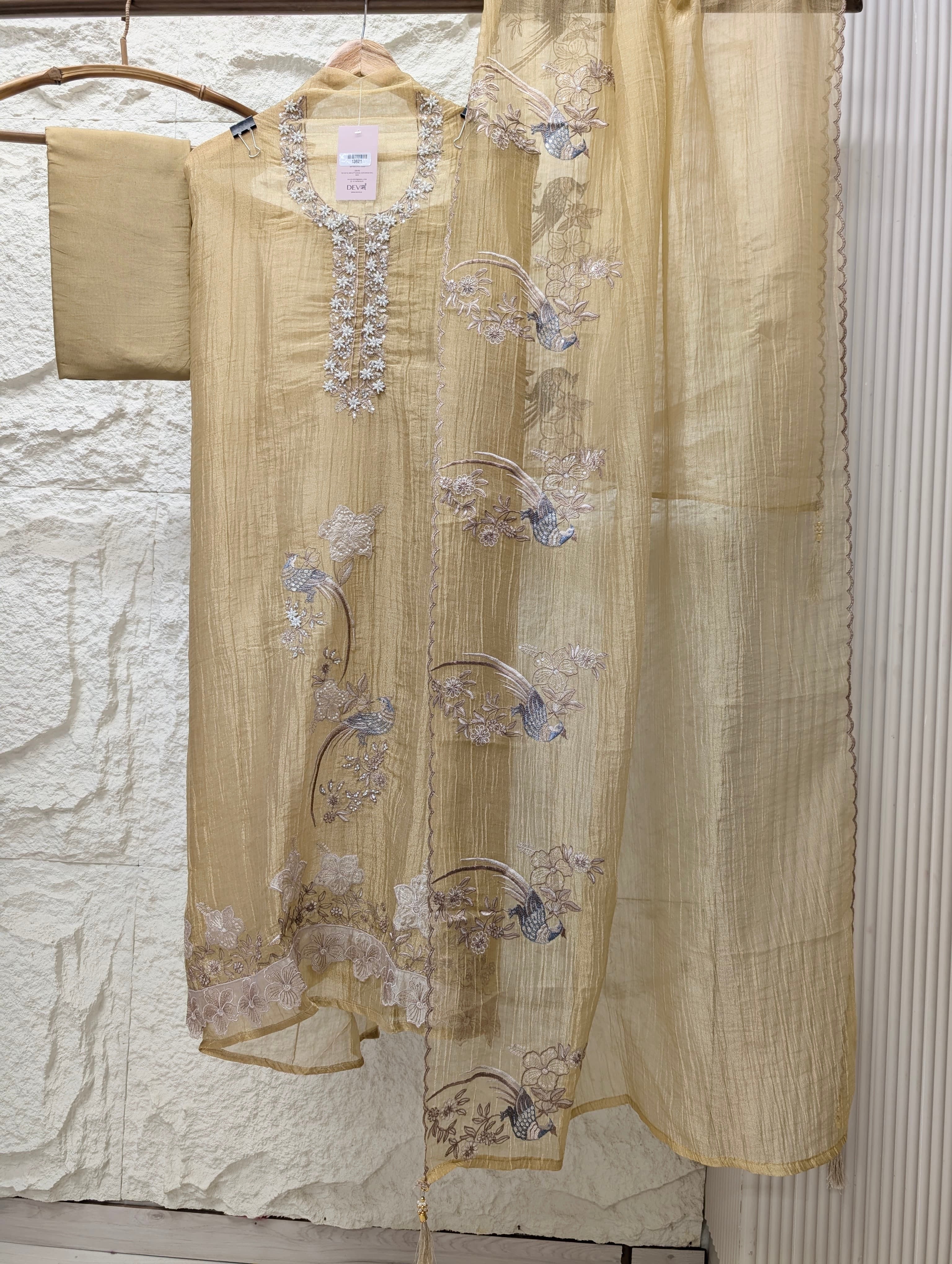 Beige Tissue Crush Silk Embroidered Unstitched 3-Piece Suit (Devri – D.No 13621)