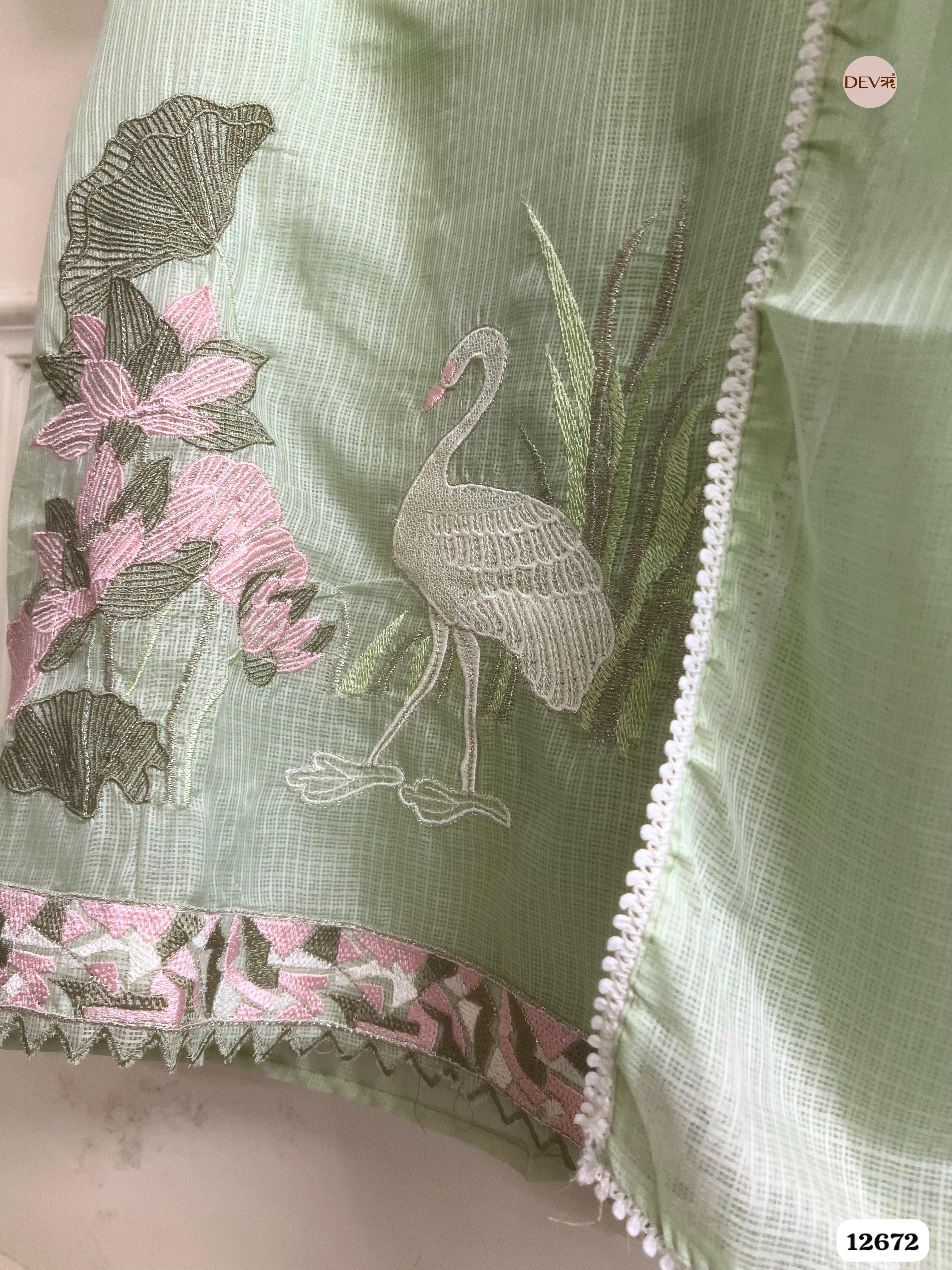 Pista Green Kota Embroidered Unstitched 3-Piece Suit (Devri – D.No 12672)