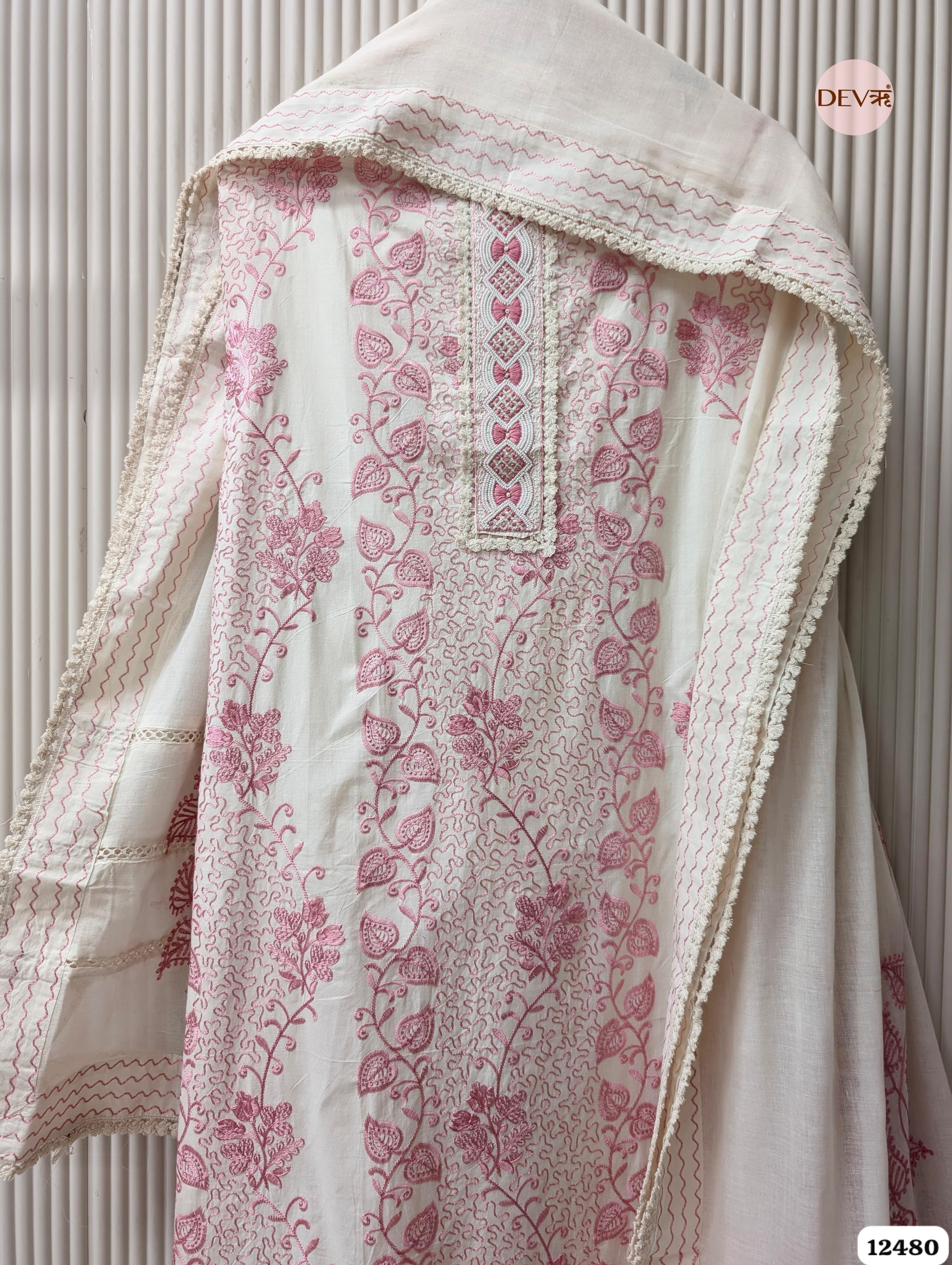 Pink & White Pure Cotton Embroidered Unstitched 3-Piece Suit (Devri – D.No 12480)