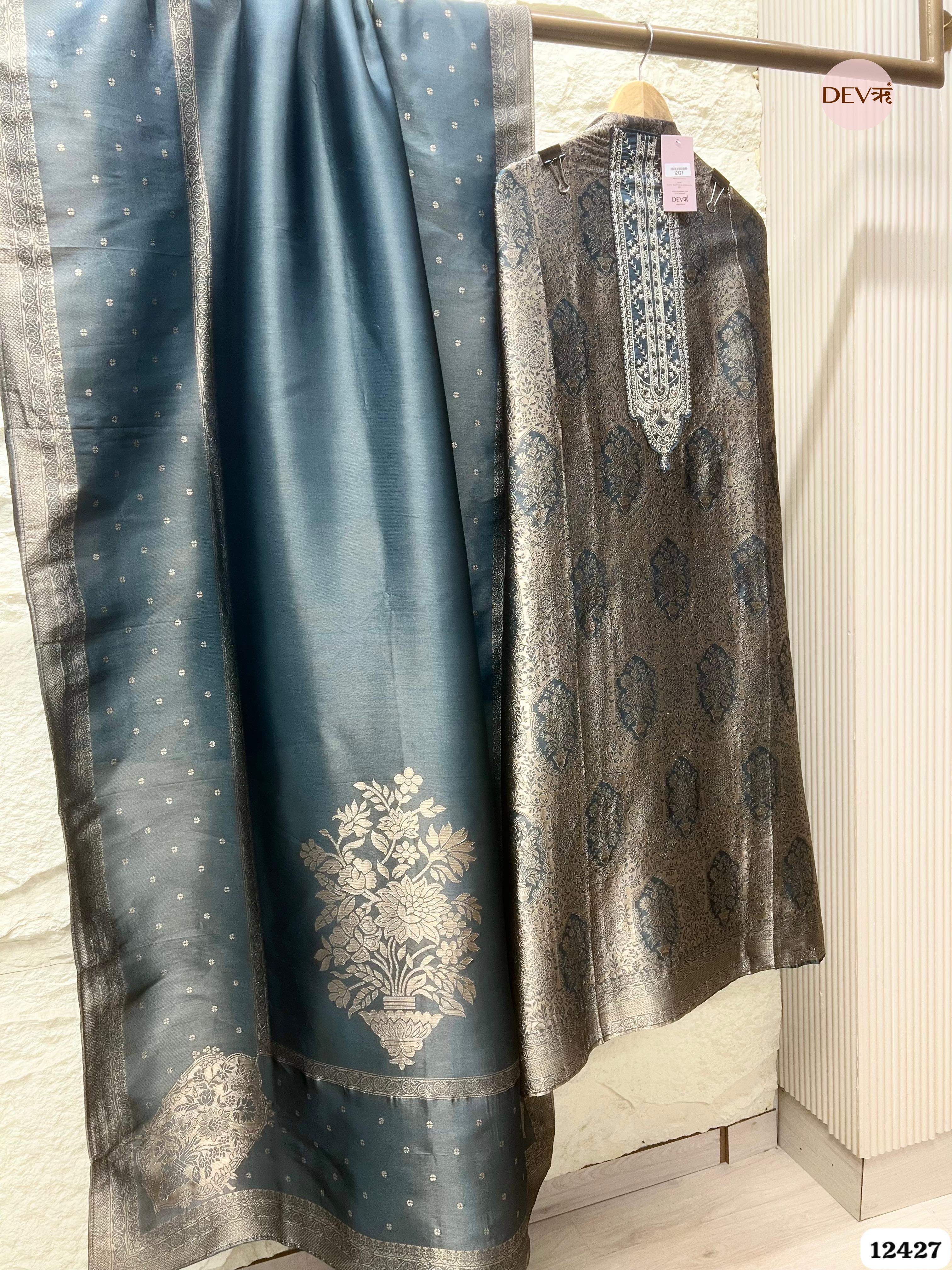 Slate Grey Banarasi Silk Printed Unstitched 3-Piece Suit (Devri – D.No. 12427)