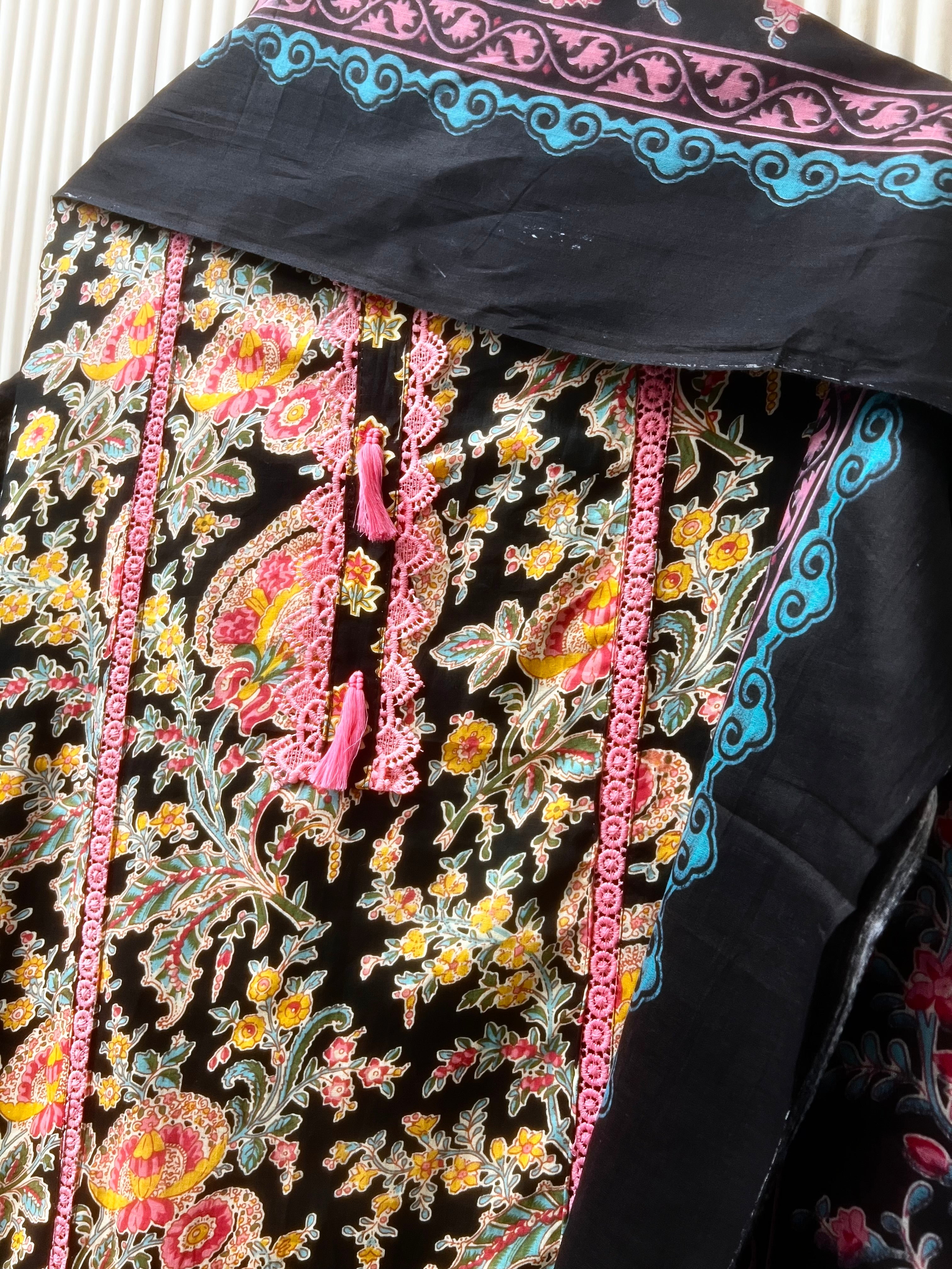 Black Cotton Floral Printed Unstitched 3-Piece Suit (Devri – D.No 12637)