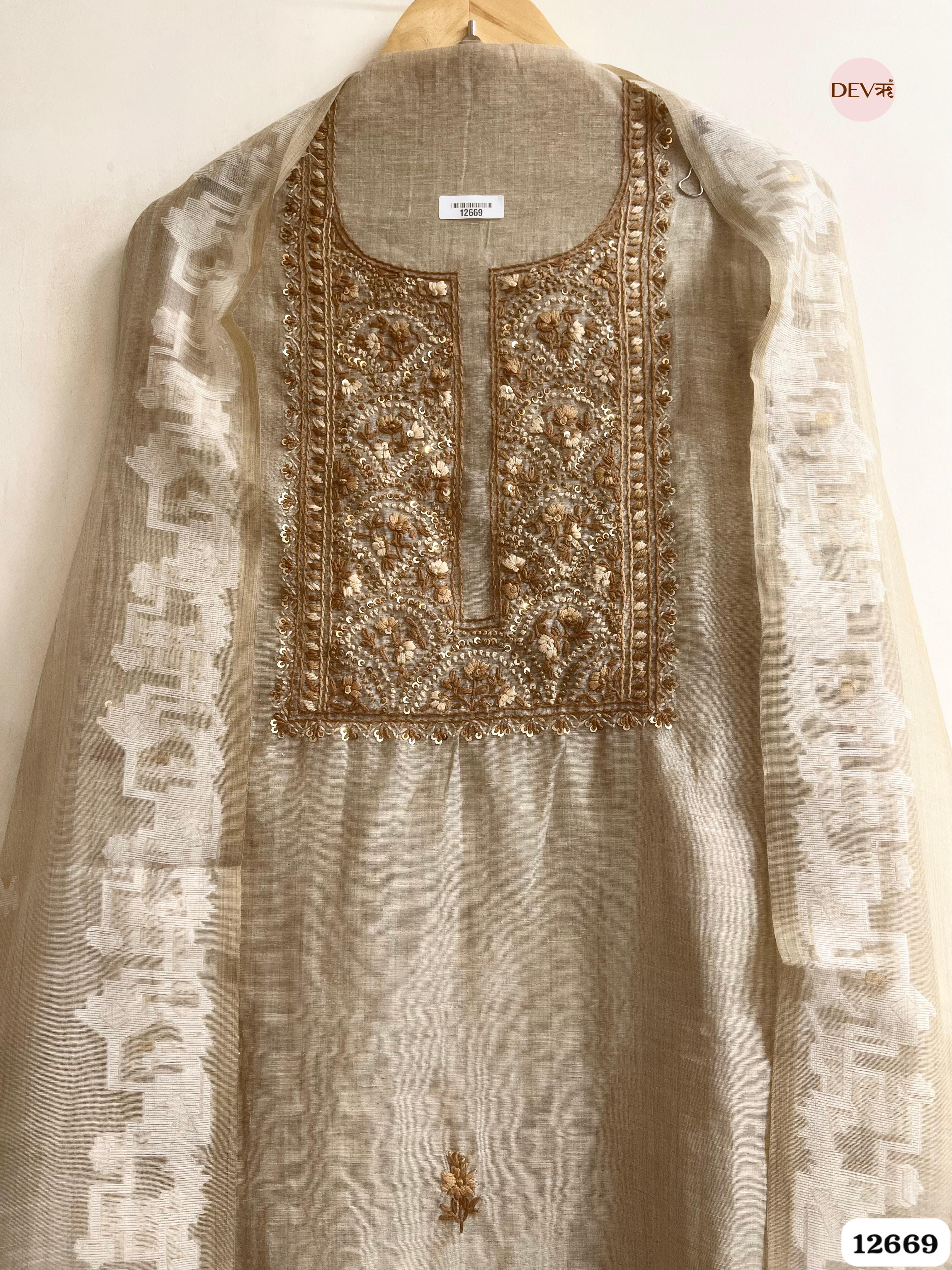 Beige Mul Chanderi Embroidered Unstitched 3-Piece Suit (Devri – D.No 12669)