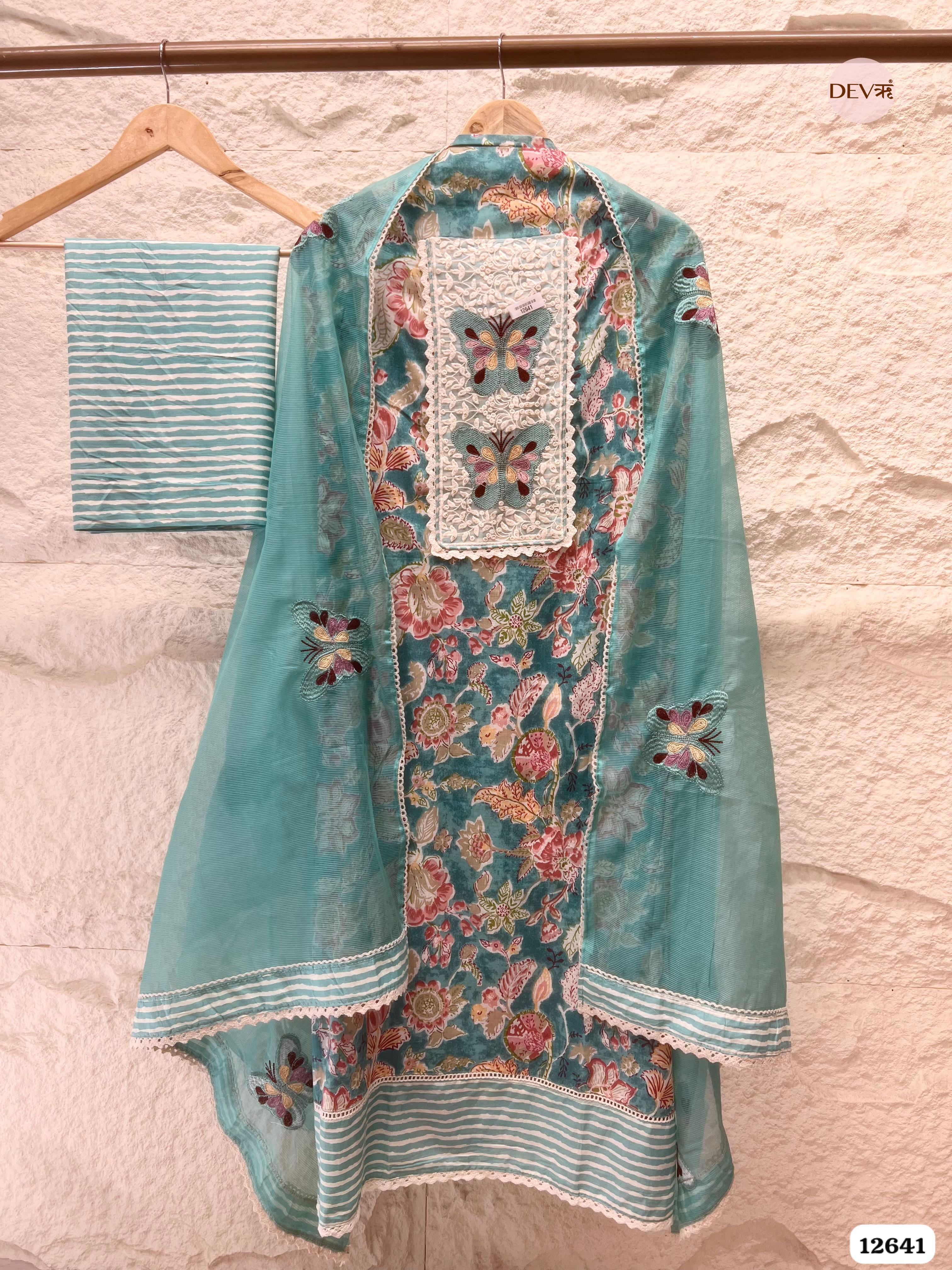 Teal Blue Floral Cotton Unstitched 3-Piece Suit with Net Dupatta (Devri – D.No 12641)