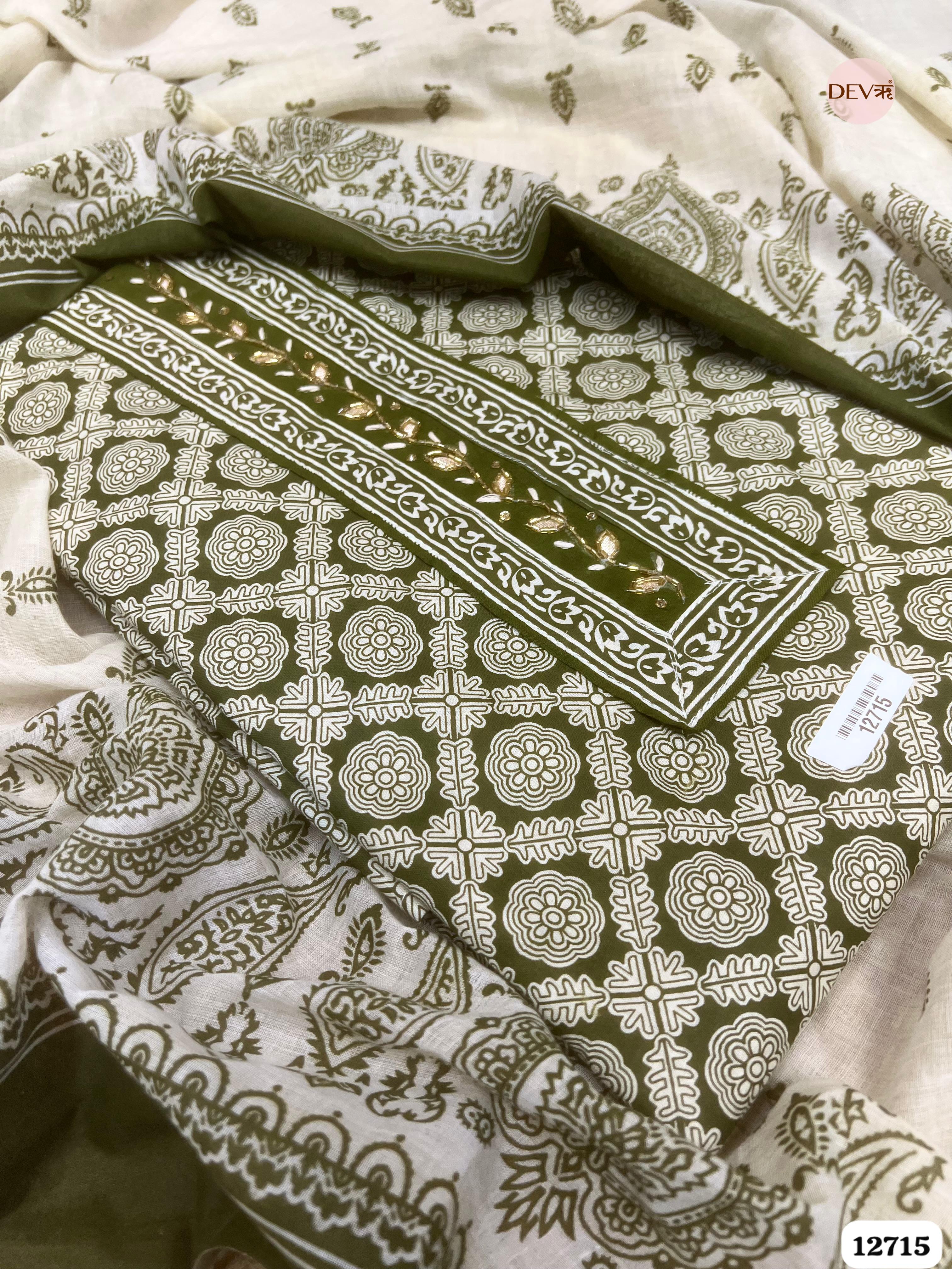Olive Green Cotton Printed Unstitched 3-Piece Suit (Devri – D.No 12715)