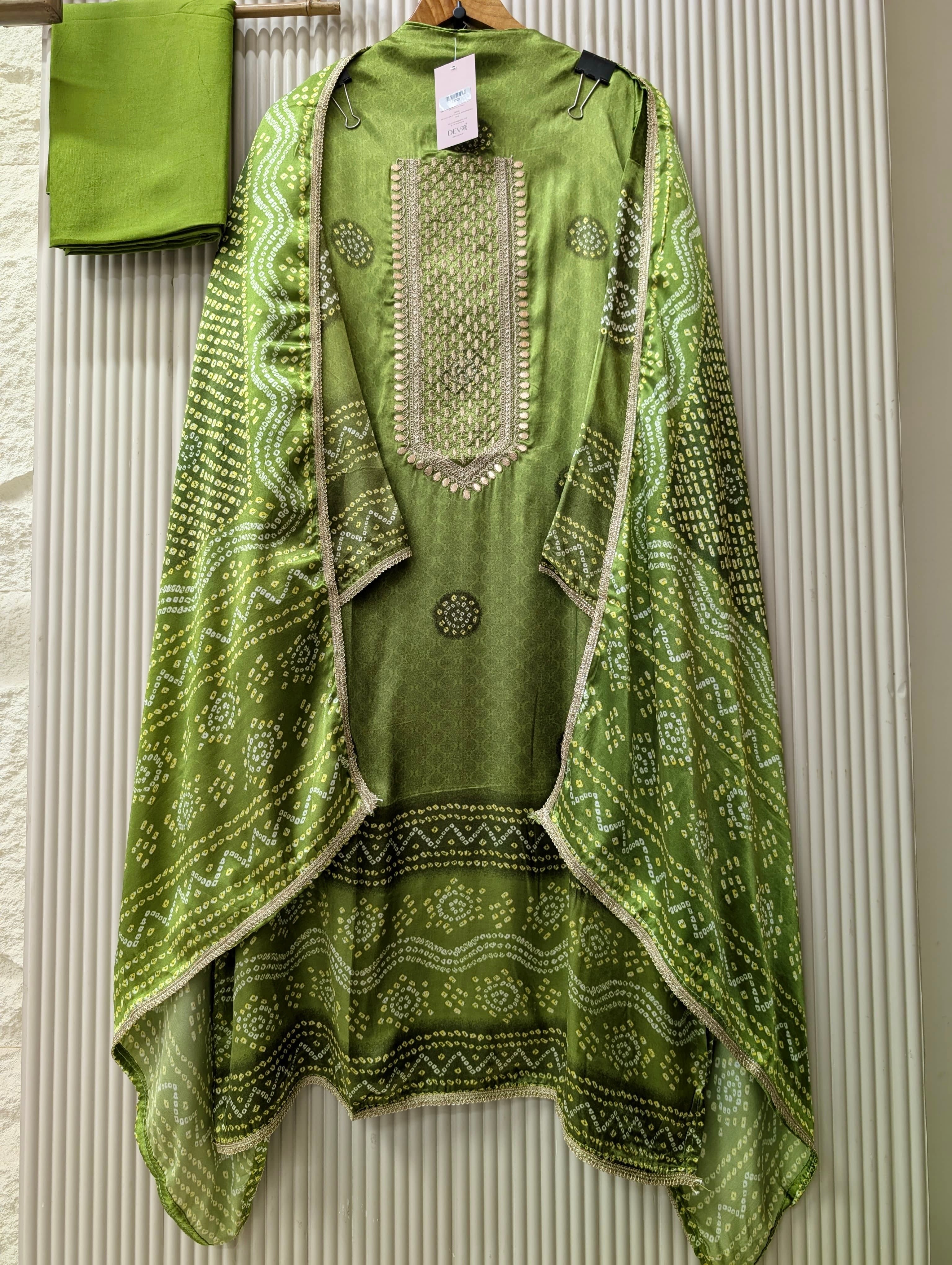 Olive Gajji Silk Printed Unstitched 3-Piece Suit (Devri – D.No 13728)