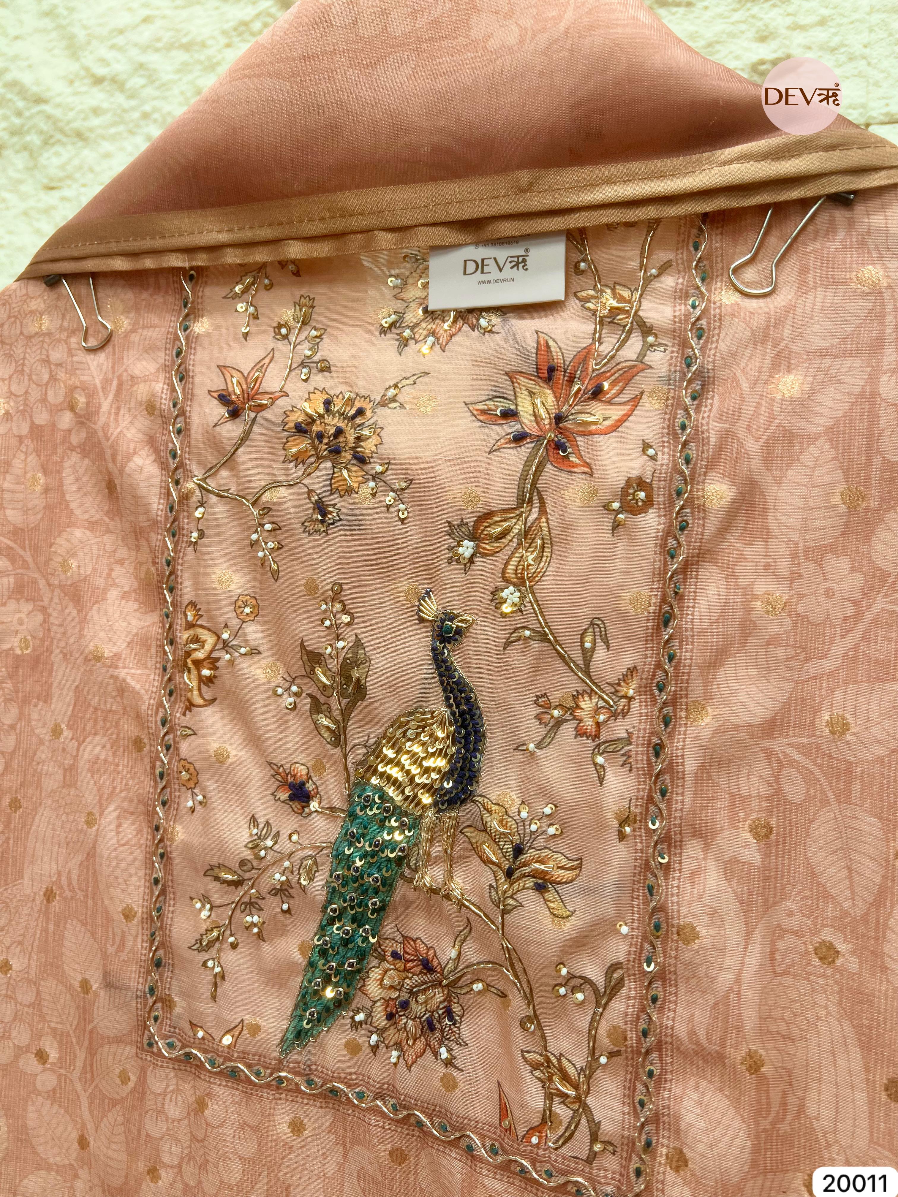 Dusty Rose Pure Chanderi Hand Embroidered Unstitched 3-Piece Suit (Devri – D.No 20011)