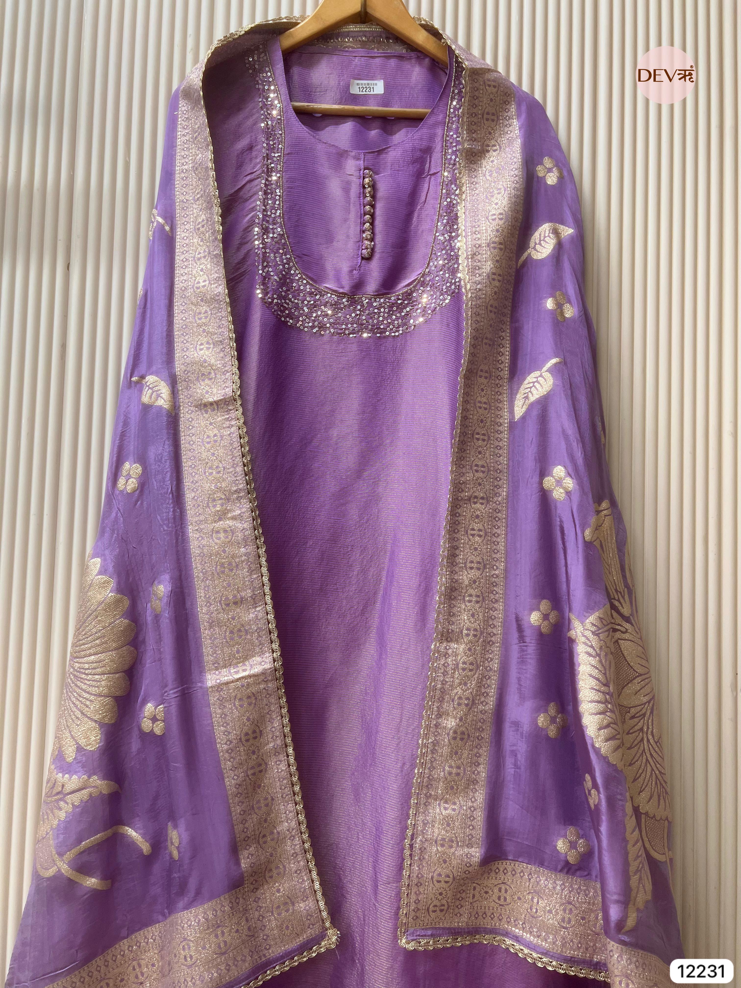 Lavender Tissue Shimmer Silk Embroidered Unstitched 3-Piece Suit (Devri – D.No 12231)